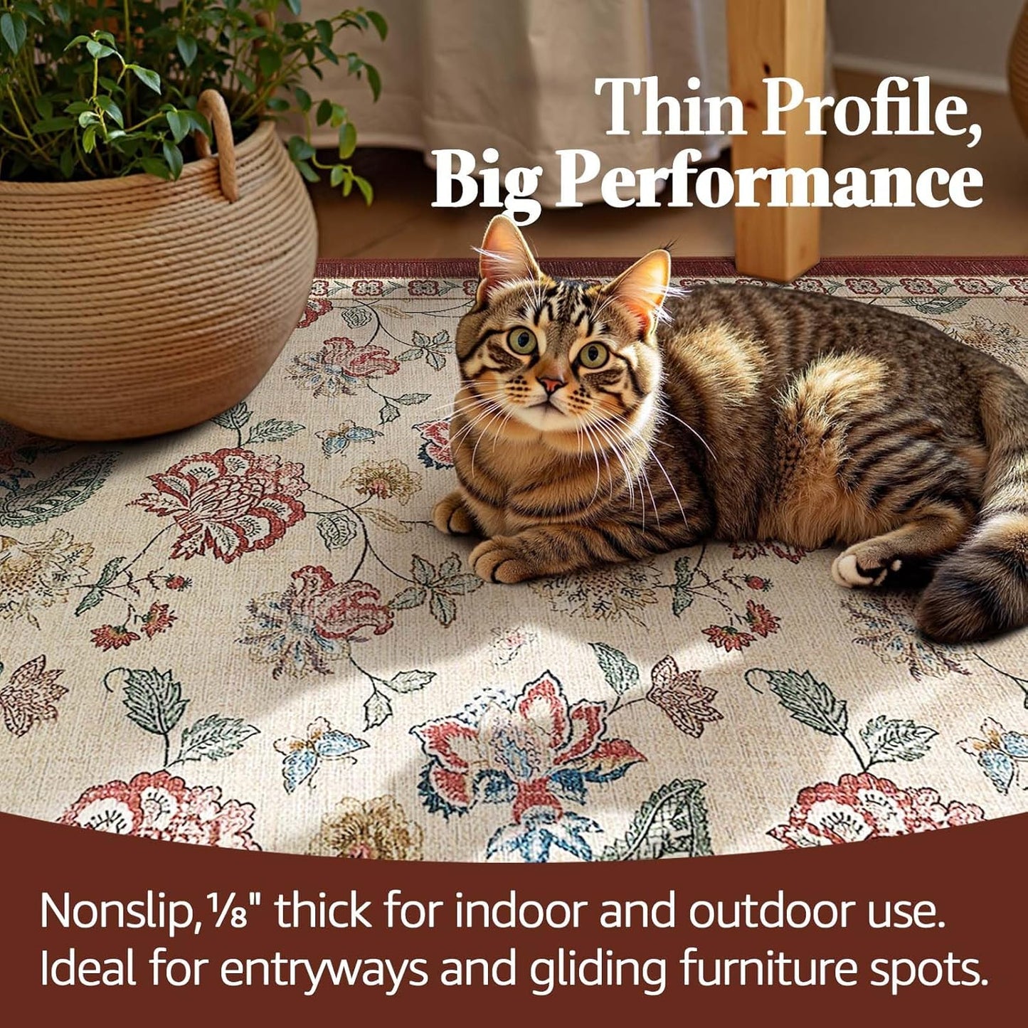 jinchan 2x5 Floral Runner Rug for Hallway Washable Kitchen Runner Vintage Romance Design Non Slip Thin Indoor Floor Cover Low-Profile Throw Carpet for Entryway Bathroom Bedroom Porch, Red/Beige