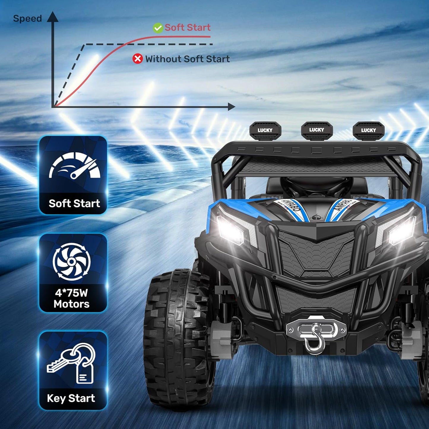 ANPABO 24V 4X4 Ride on Car Truck w/Remote Control, 4WD/2WD Switchable Kids UTV, 19" Spacious Seat, 4 Shock Absorbers, Soft Start, Music Player, Electric Car for Kids (Blue)