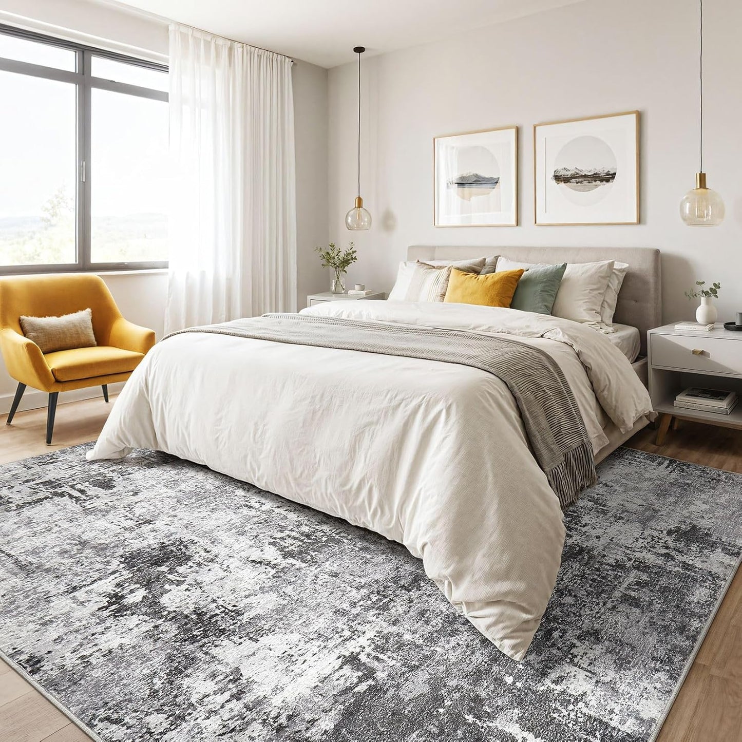 5x7 Area Rugs Living Room: Machine Washable Large Abstract Modern Soft Rug Stain Resistant Indoor Floor Non Slip Accent Carpet for Bedroom Nursery Playroom Dining Room Office Dorm Home- Black Grey