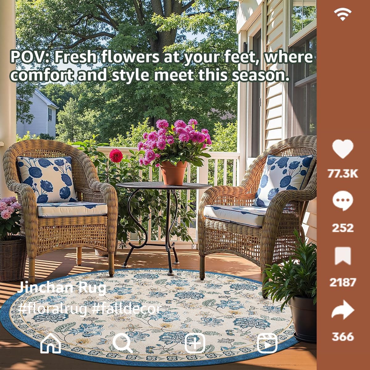 jinchan 5ft Floral Round Rug for Entryway Washable Kitchen Rug Vintage Romance Design Non Slip Indoor Doormat Lightweight Low-Profile Throw Carpet for Living Room Dining Room Bedroom, Blue/Beige