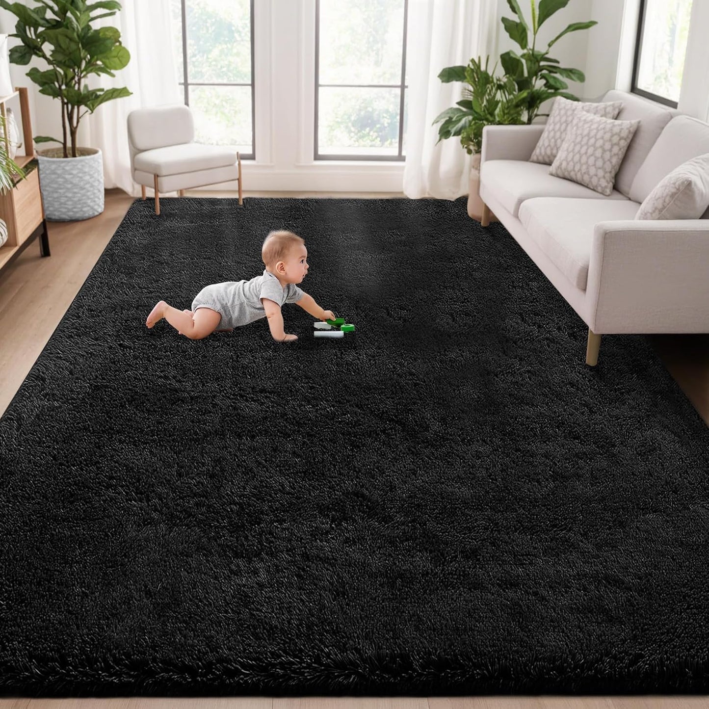 5x8 Area Rug for Living Room: Fluffy Shag Soft Washable Rugs Fuzzy Plush Indoor Carpet for Bedroom Nursery Playroom Dorm Kids Girls Boys Room (Black, 5'x8')