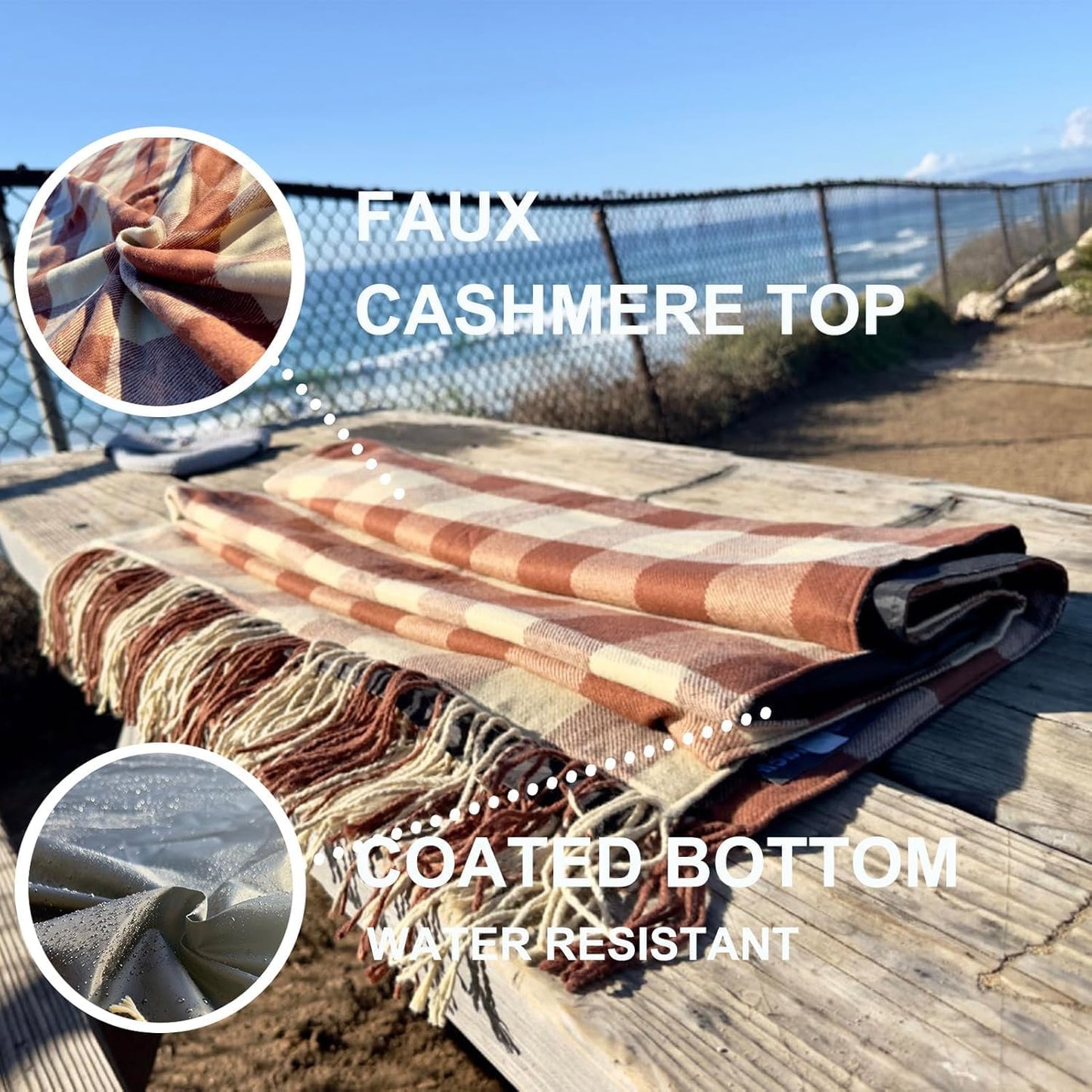 Picnic Blanket Extra Large Waterproof with Strap 59"x79" - Machine Washable Tassels Faux Wool Cashmere for Park, Grass, Camping, Hiking, Concerts (Latte with white shoulder strap, 59"X79")