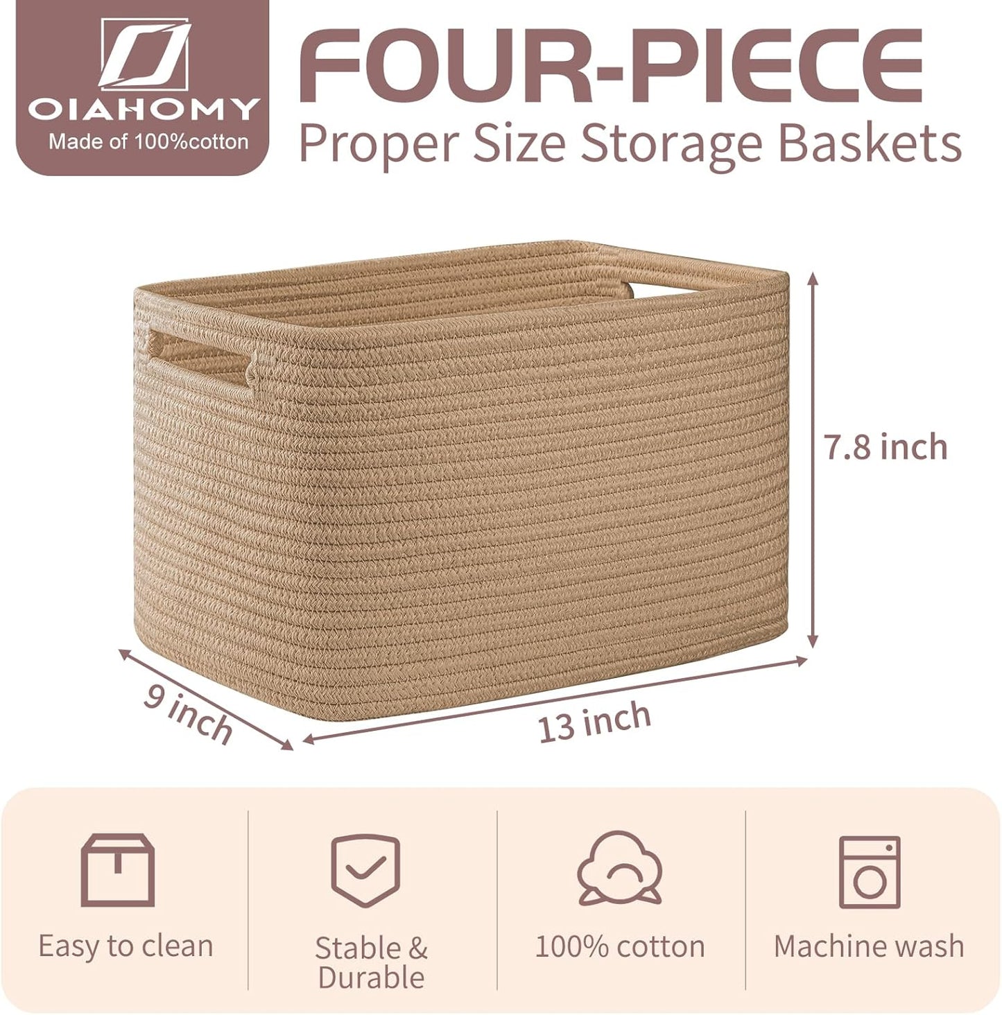 OIAHOMY 4 Pack Storage Baskets for Organizing, Cube Storage Bins for Shelves, Rectangle Storage Baskets With Handles, Woven Baskets for Storage, 12.7''Lx9''Wx7.8''H, Yellow