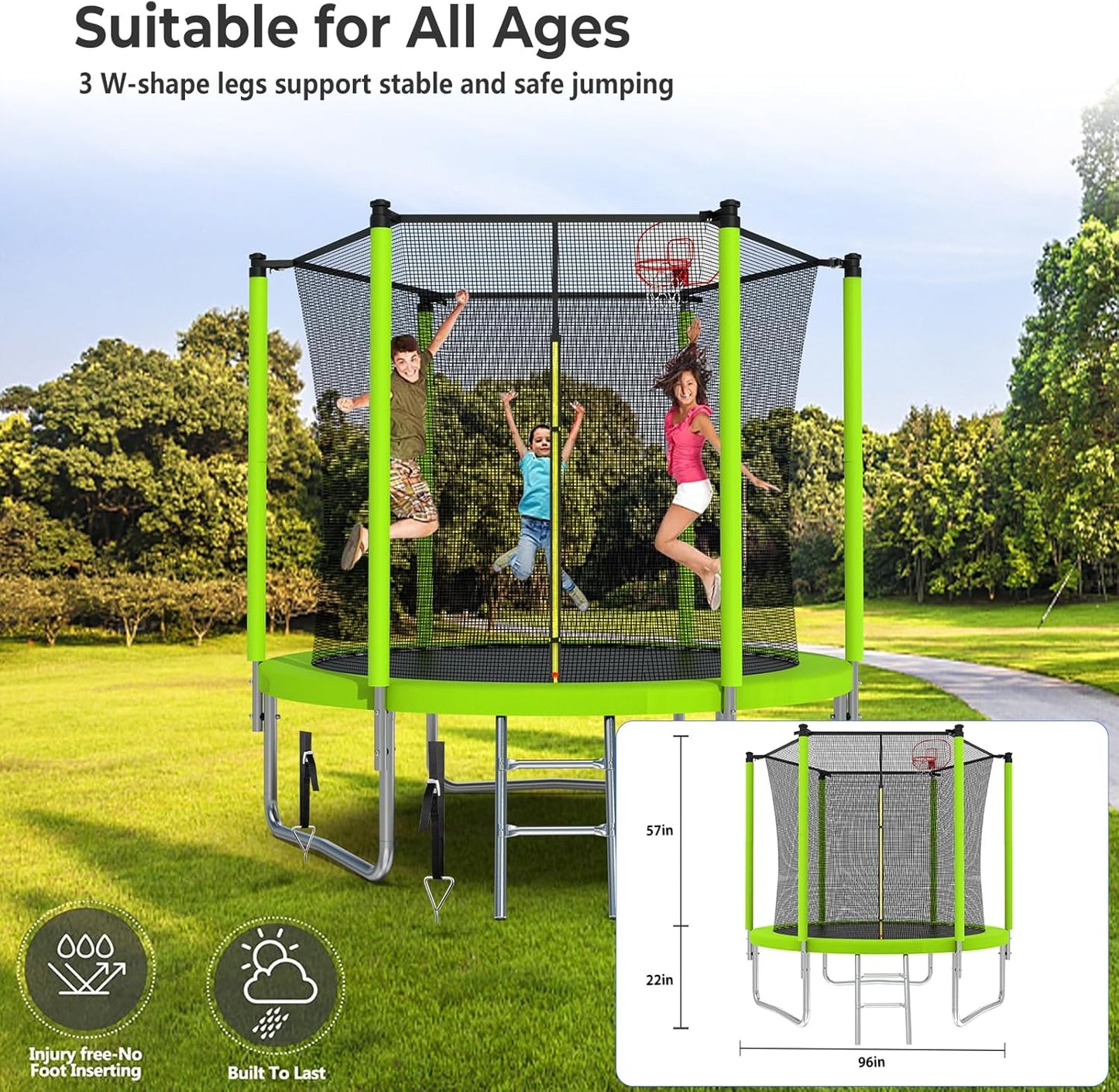 Upgraded 10/12/14/15/16FT Trampoline Outdoor, Large Kids Trampoline with Light, Stakes, Sprinkler, Backyard Trampoline with Basketball Hoop and Net, Capacity for 4-6 Kids and Adults