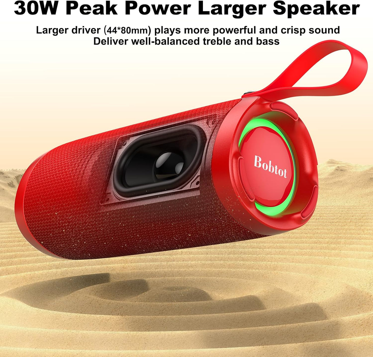 Bobtot Portable Bluetooth Speaker, IPX6 Waterproof Speaker with Punchy Bass, 15W Loud Sound, RGB, 15H Playtime, Dual Pairing for Party, Camping, Beach, Red