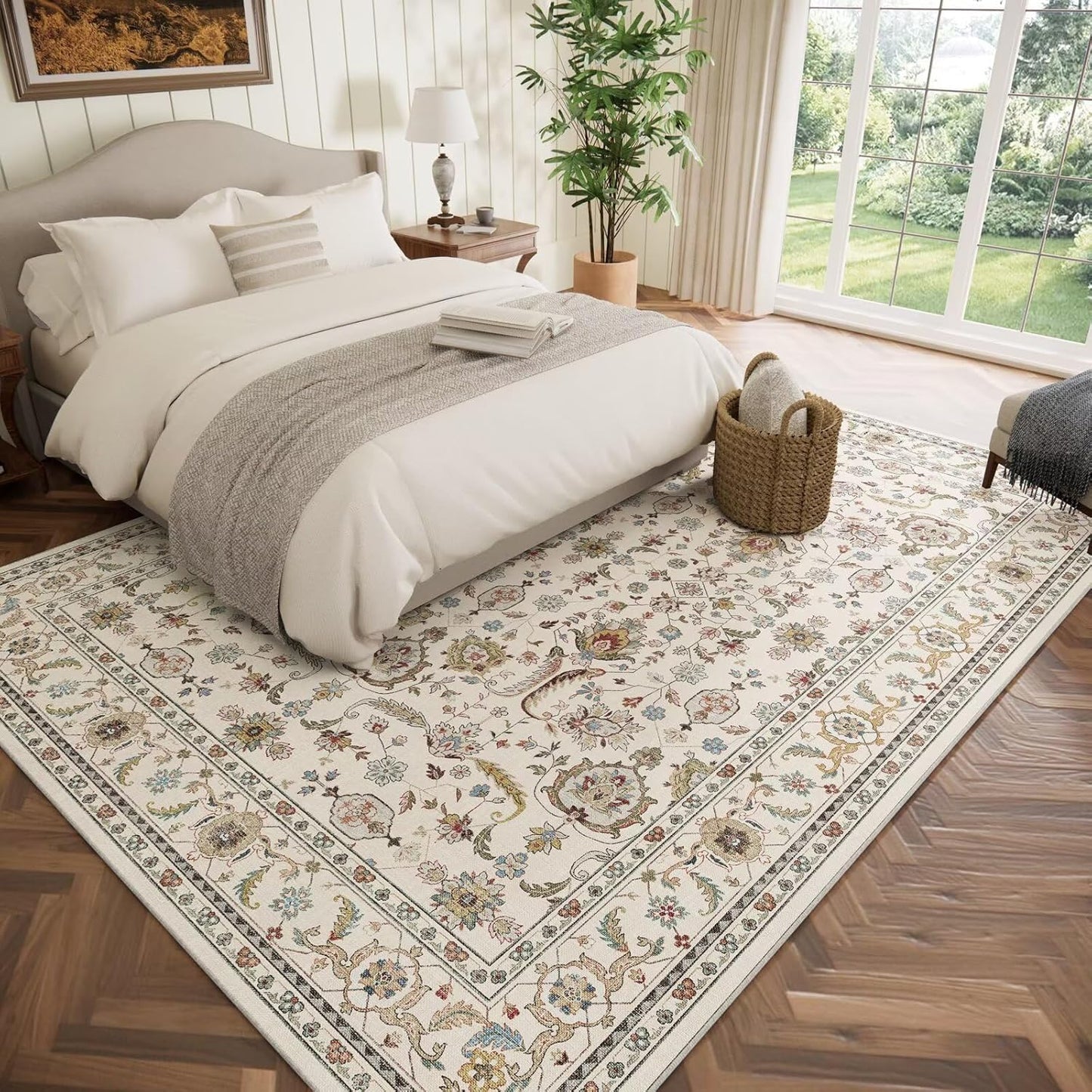 Washable 8x10 Area Rugs for Living Room, Boho Non-Slip Silicone Backing Rugs for Bedroom Dining Room Nursery Office, 0.3" Neutral Oriental Throw Carpet with 0.16" Cushioning Pad, Light Beige/Multi