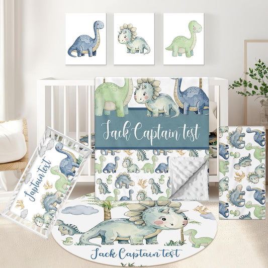 Custom Baby Crib Bedding Set, 5 Pcs Personalized Name Green Dino Baby Crib Set for Kid Infant Toddler, Double Layer Customized Present