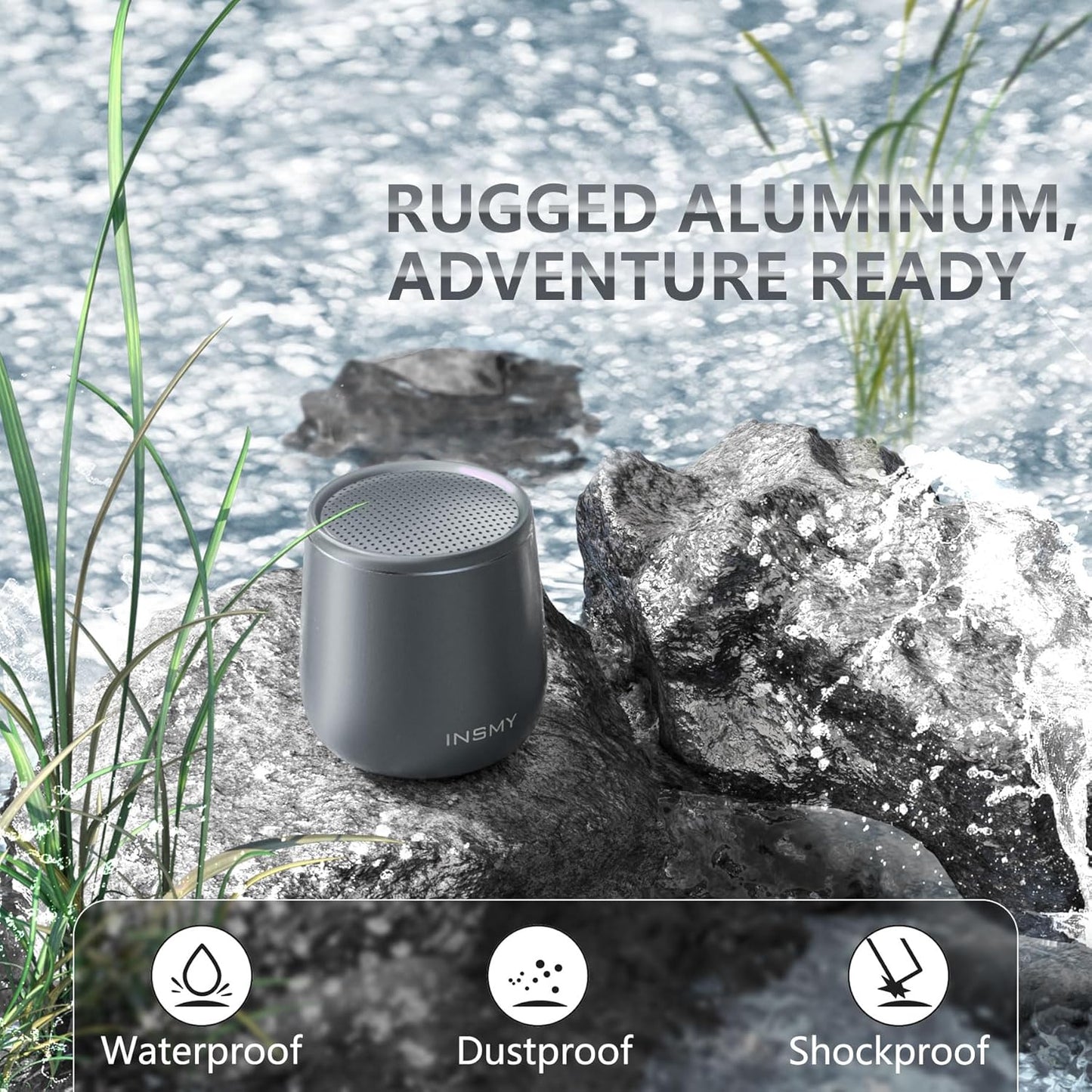 INSMY Small Bluetooth Speaker, Waterproof Mini Portable Wireless Speaker, Punchy Bass Rich Audio Stereo Pairing, Handheld Pocket Size Built in Mic for Hiking Biking Gift Laptop Tablet (Gray)