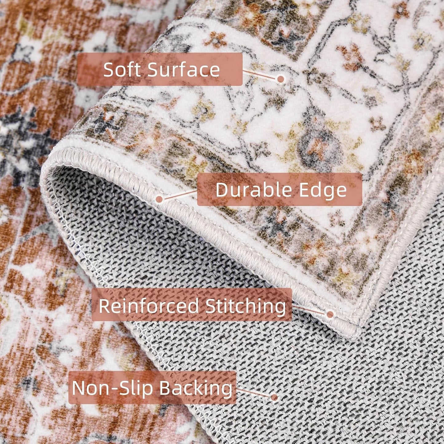 Deerly Rug Runner - Boho 3x8 Washable Kitchen Rug Runner with Non-Slip Backing, Non-Shedding Floral Soft Runners for Hallways Distressed Carpet Runner Rugs for Bedroom Brick Red