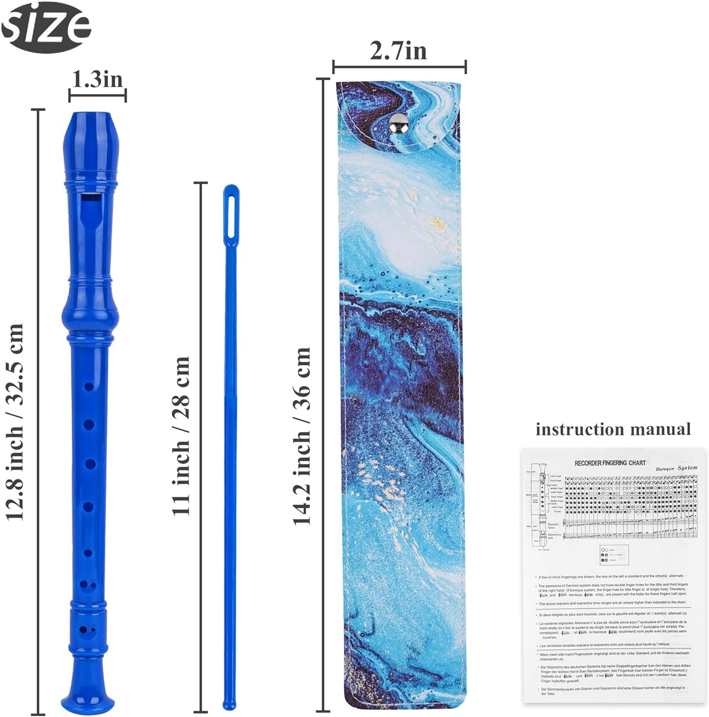 Recorder Instrument for Beginner Kids Adults,8-Hole Soprano Descant Recorder Music Flute with with Cleaning Rod & Leather Case For School Student Home Entertainment(2-Blue Quicksand)