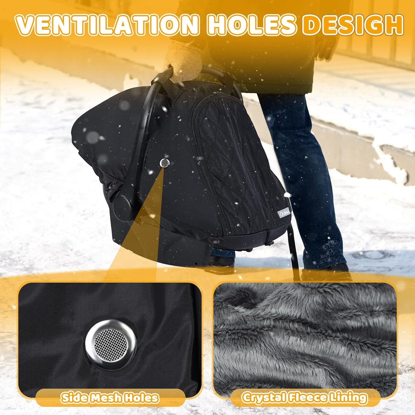 Orzbow Baby Car Seat Cover, Winter Carseat Cover with Zipper Access, Rain, Snow and Wind Proof, Side Breathable, Compatible with Doona Car Seats and Strollers, Newborn Essentials Carrier Canopy, Black