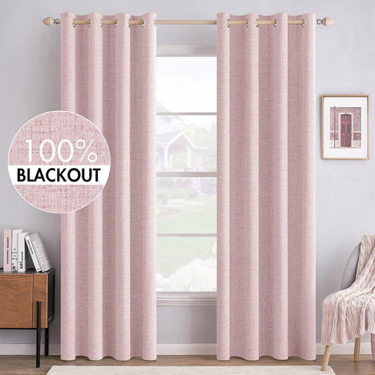 MIULEE Linen Texture Curtains for Bedroom Solid 100% Blackout Thermal Insulated Pink Curtains Grommet Room Darkening Drapes for Living Room Nursery 52x72 Inch (2 Panels)
