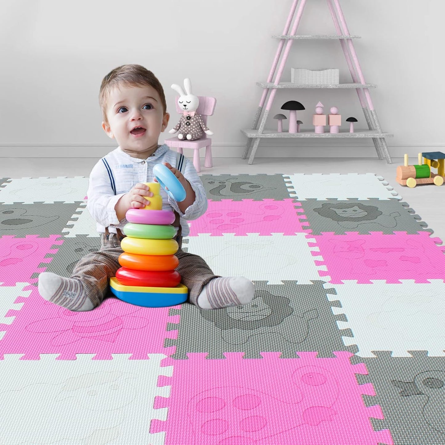 qqpp EVA 18 Tiles Baby Play Mat for Playing, Interlocking Foam Floor Mats for Tummy Time & Crawling, Puzzle Flooring Tiles with Animals Laser Pattern for Kids. QL-11(ACL) b18N