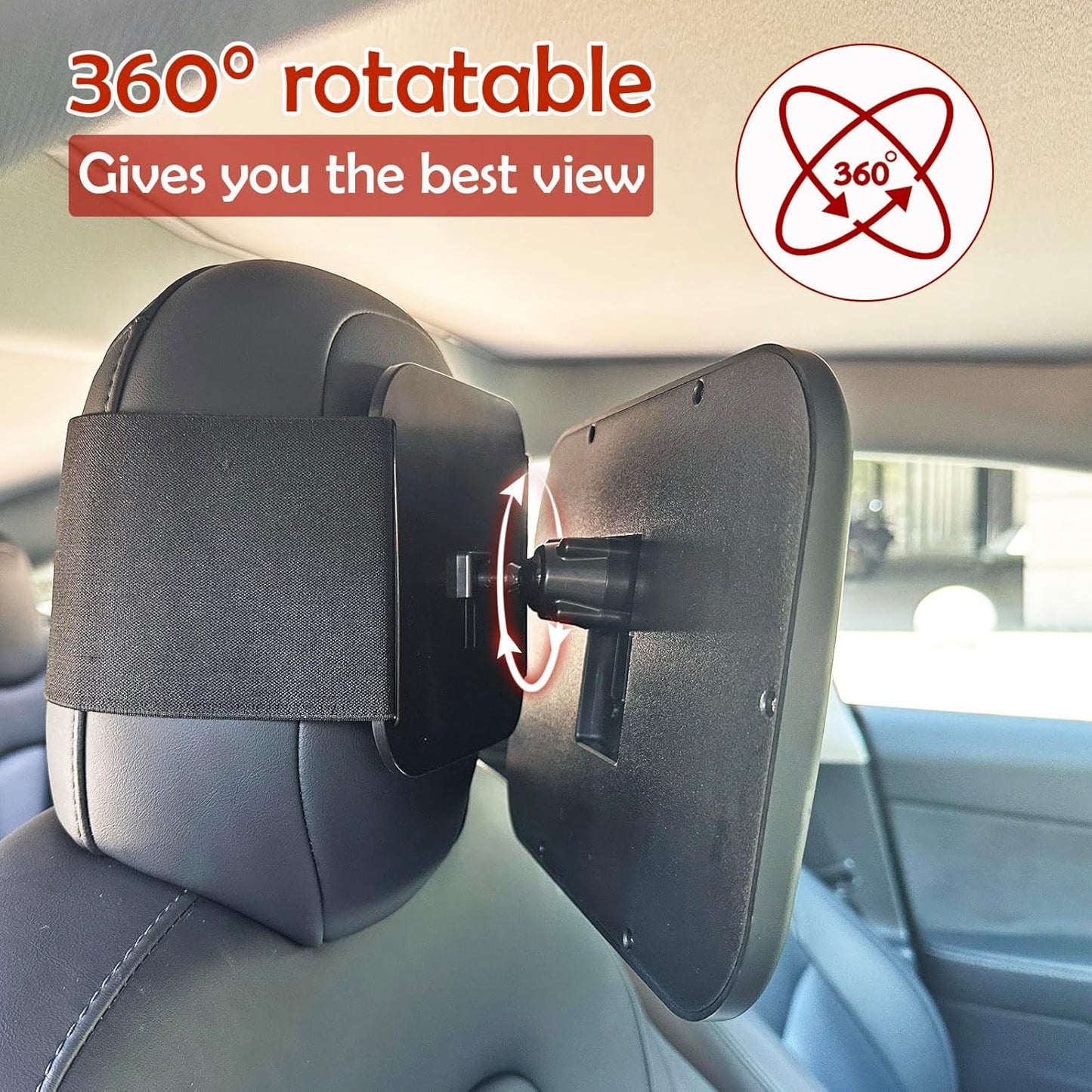 Funbliss Baby Car Mirror for Fixed Headrest, Compatible with Tesla Car Mirror for Baby and Other Models, 360° Rotation Clear & Wide View, Easy Install with Non-Slip Elastic Fixing