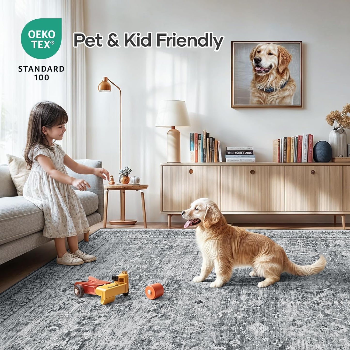 Lofus 9x12 Area Rug for Living Room,Grey Washable Large Rugs with Non-Slip Backing,Soft Neutral Carpets for Bedroom Dining Room Home Office Indoor Nursery