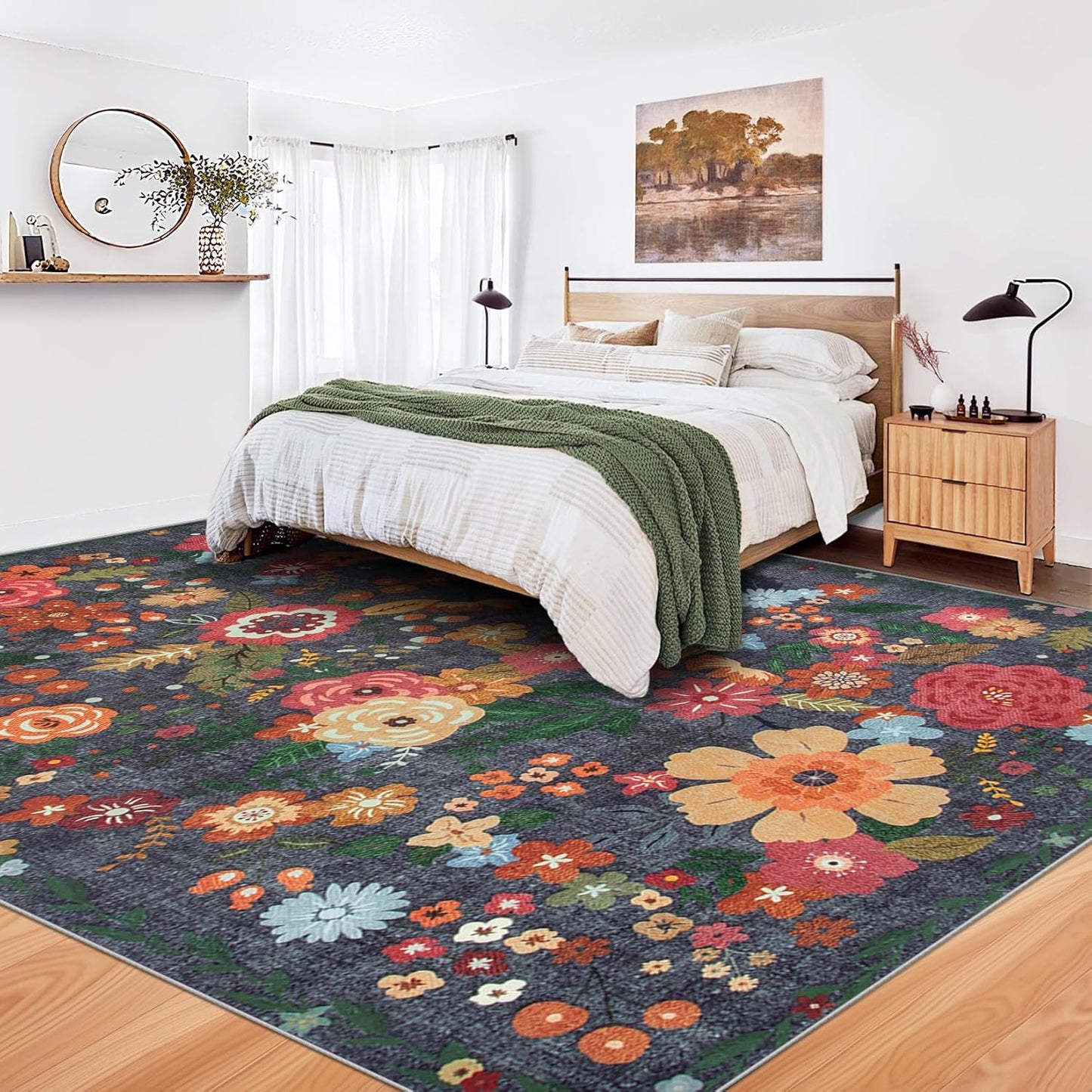 8x10 Area Rug for Living Room: Vintage Floral Washable Rug Soft Boho Non Slip Carpet Large Indoor Floor Non Shedding Low Pile Thin Carpets for Bedroom Dining Room Farmhouse Nursery Home Office Black