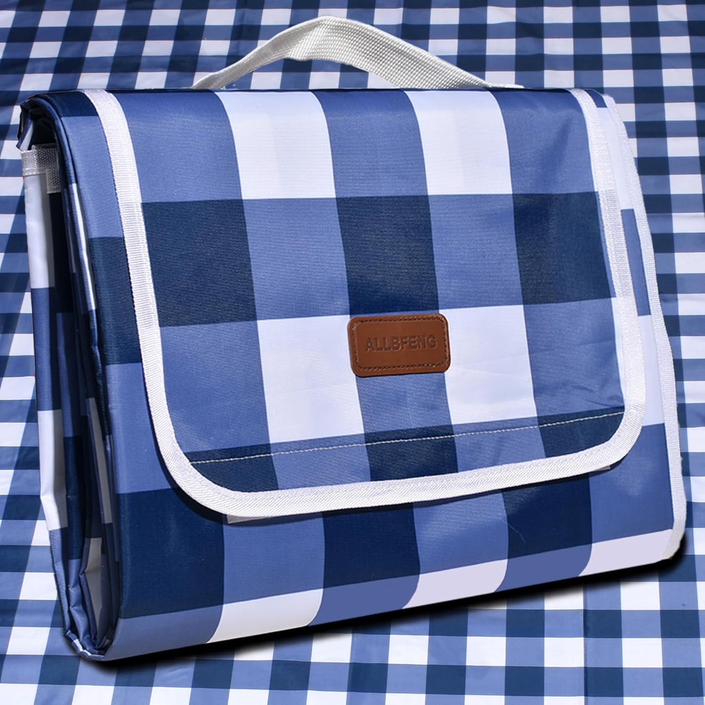 80"x60" Waterproof Sandproof Picnic Mat - Portable Foldable Outdoor Blanket for Beach, Park, Travel & Indoor Use - Lightweight Compact Design, Easy-Carry (Blue&White)