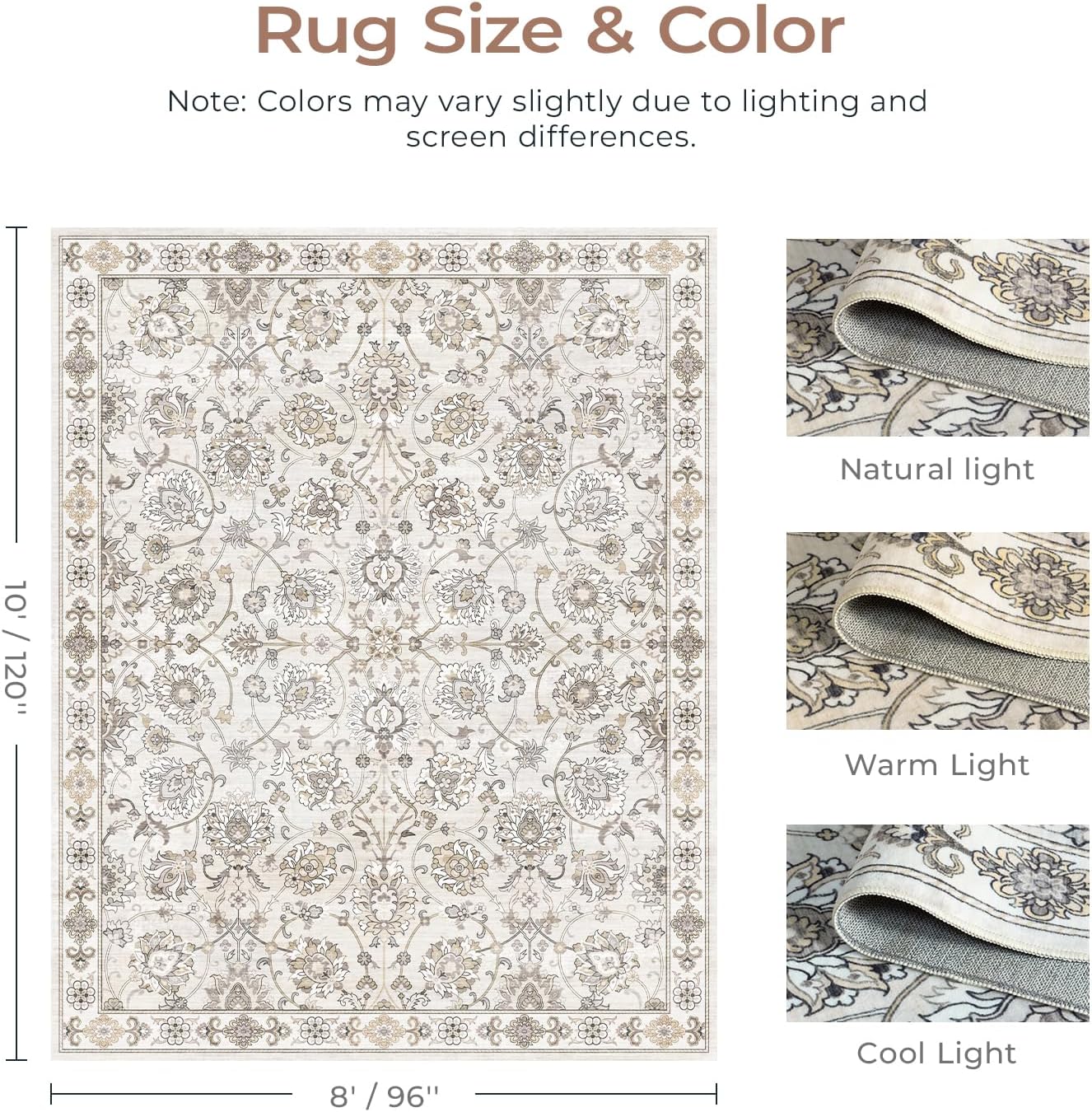 Floral 8x10 Area Rugs for Living Room, Washable Large Bedroom Rug, Soft Non Slip Carpet, Stain Resistant Low Pile Carpets for Indoor Under Table Dining Home Office Nursery, Beige
