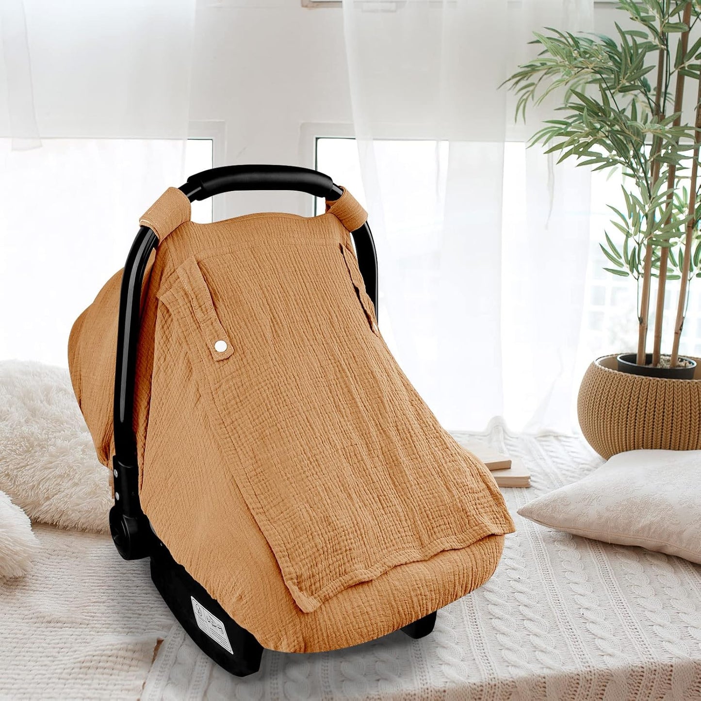 Hooyax Muslin Car Seat Covers for Babies, Summer Baby Car Seat Cover for Boys Girls with Breathable Window, Lightweight Infant Car Seat Canopy, Brown