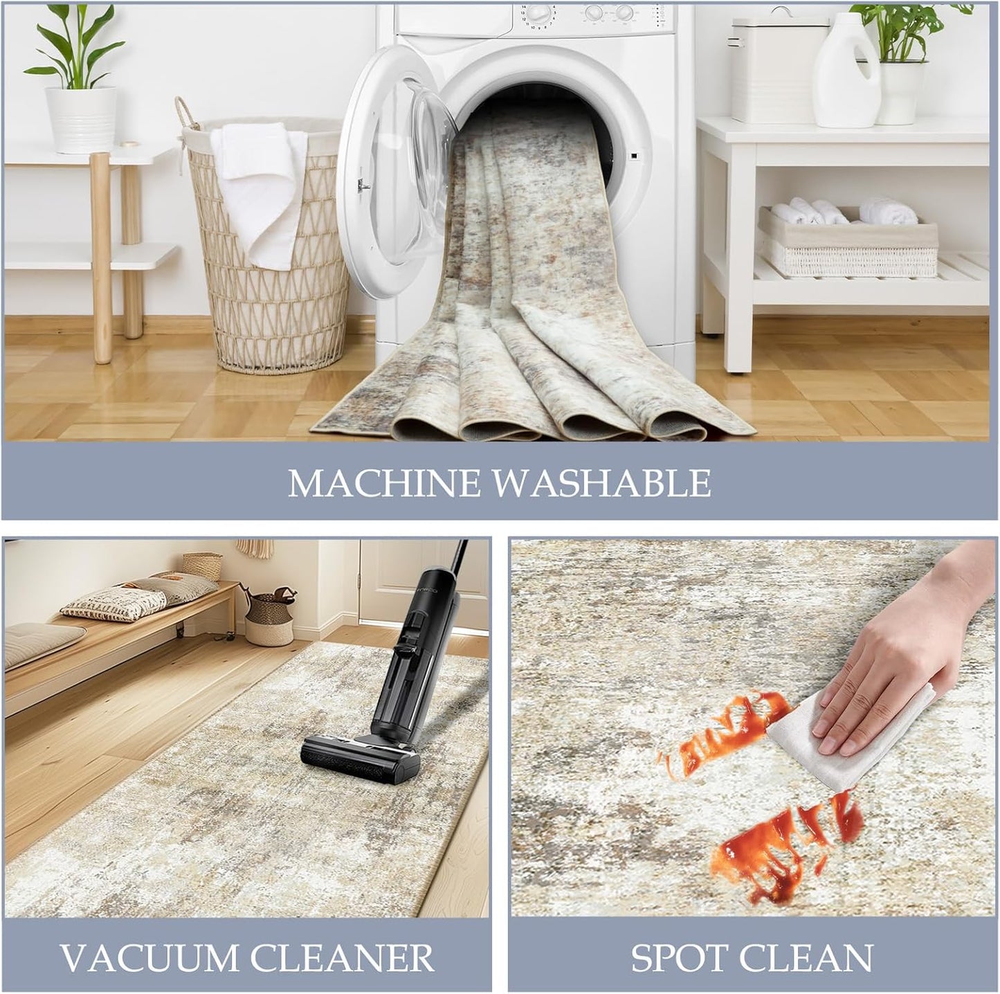 Washable Area Rugs 9'x12' Non-Slip Modern Abstract Soft for Living Room Entryway Bedroom Nursery, Print Pattern, Neutral Brown Gray