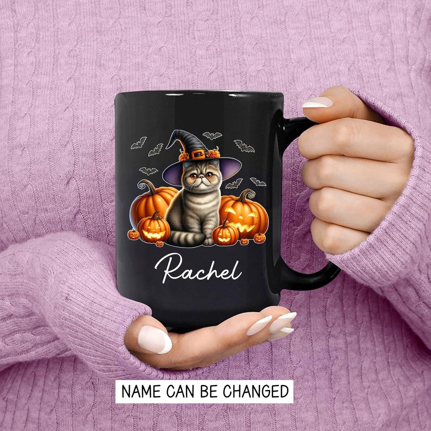 Personalized Exotic Shorthair Wearing Witch Hat Ceramic Cup, Exotic Shorthair Coffee Mugs Gift for Halloween, Custom Name Pet Cat with Pumpkins Halloween Cup, Cat Owner Black Mug 11oz 15oz