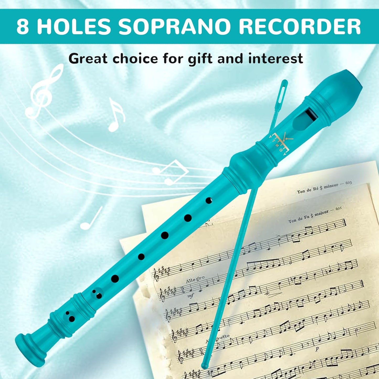 Soprano Recorder 8-Hole Instrument for Beginners Kids Students, Baroque Style C Key Flute with Cleaning Rod & acking Bag for Education & Entertainment-Turquoise