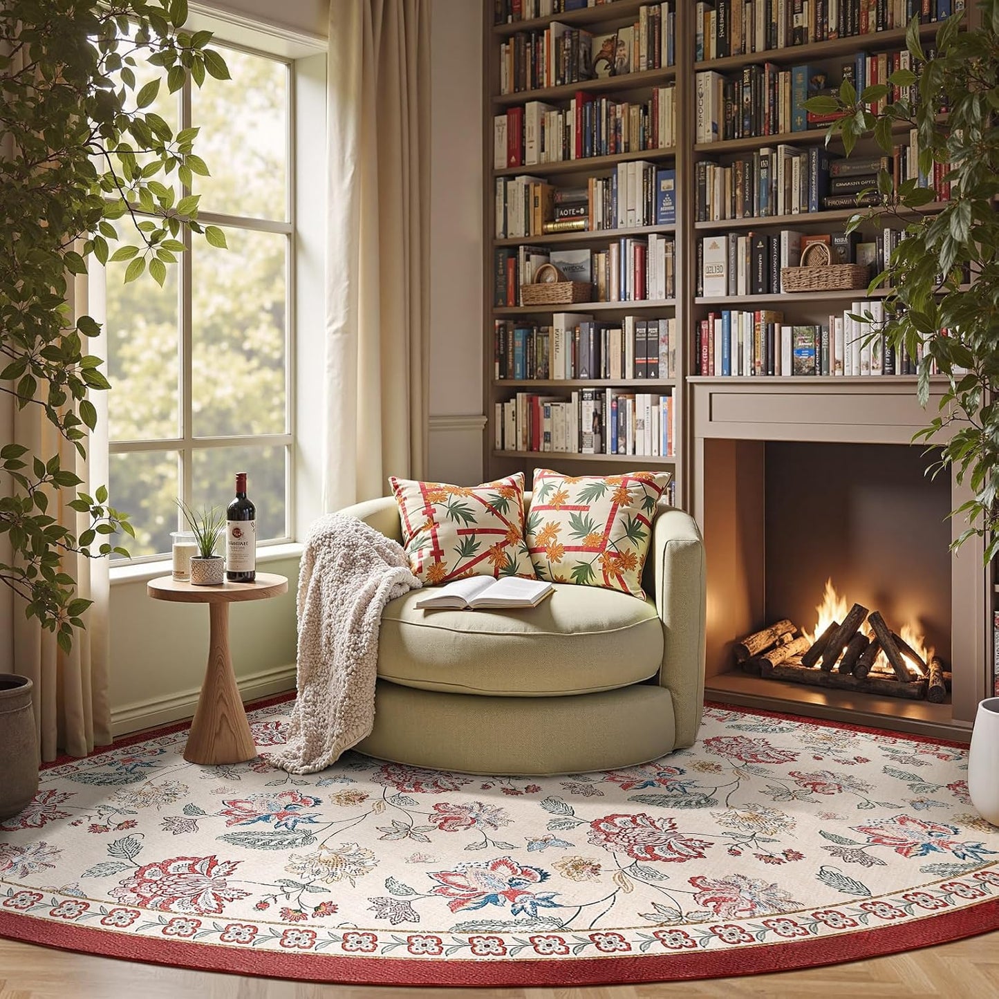 jinchan Floral Corner Rug for Living Room Washable Bedroom Rug Vintage Romance Design Non Slip Quarter Circle Lightweight Low-Pile Throw Carpet for Reading Nook Playroom,7ft Radius, Red/Beige