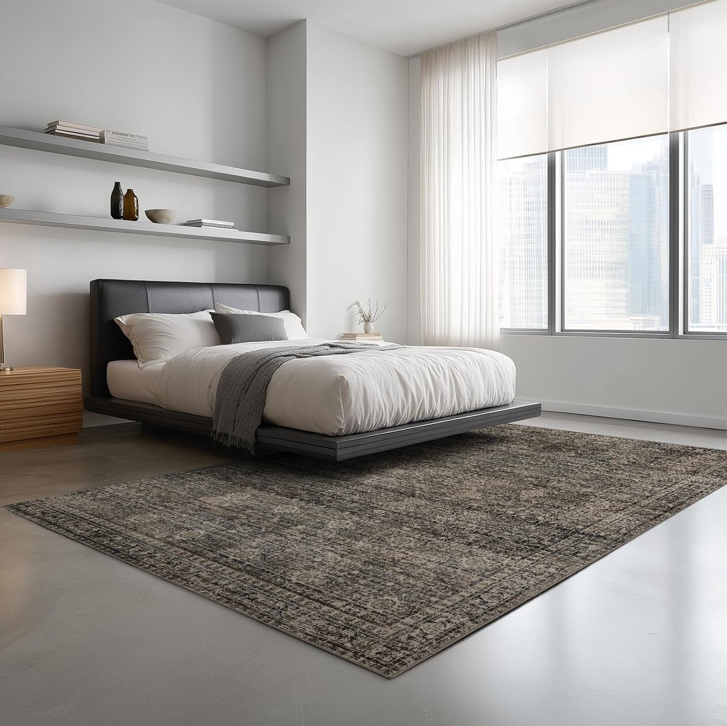 Washable Area Rugs 8x10, Large Rugs for Living Room, Carpet for Bedroom, Soft Faux Wool Retro Dining Room Rug, Non-Slip Backing Resistant Low Pile Vintage Print Rug for Home Office (Brown)