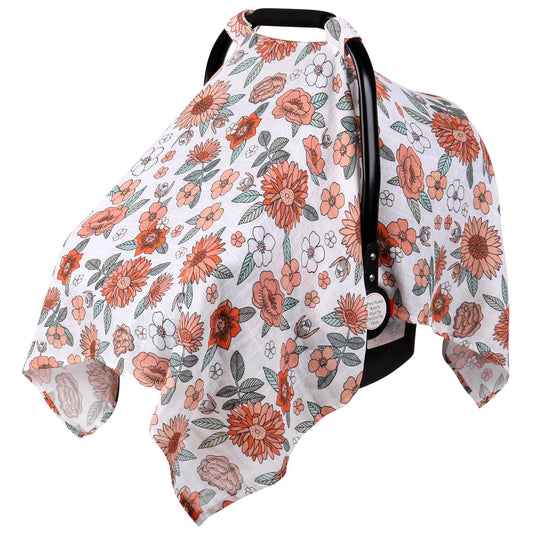 Rquite Car Seat Cover, Muslin Cotton Infant Car Seat Canopy, Breathable Baby Carrier Cover, Summer Stroller Sun Shade, Flower