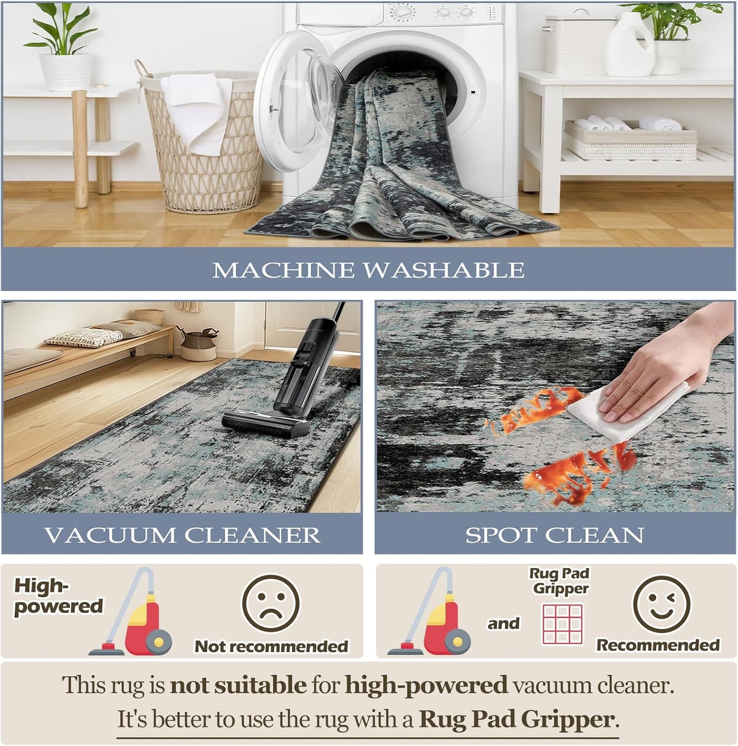 Washable Area Rugs 6'x9' Non-Slip Modern Abstract Soft for Living Room Entryway Bedroom Nursery, Print Pattern, Blue Black Teal