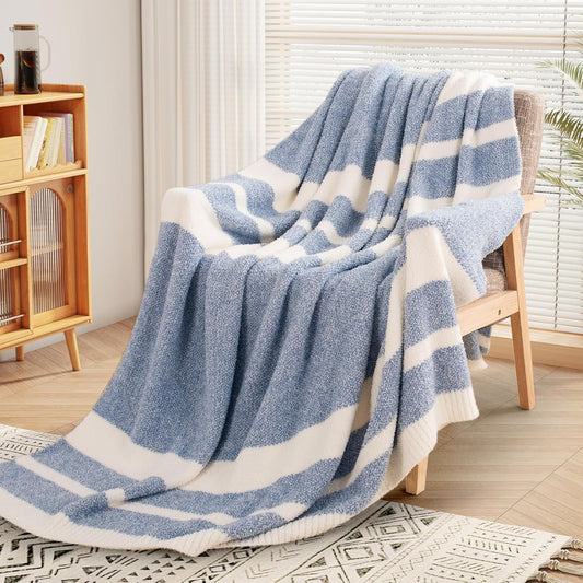 NEXHOME PRO Stripe Cozy Blanket, Knit Fuzzy Throw Blanket for Couch Bed Sofa Picnic, Ultra Soft Blankets for Women Gifts Blue 50 x 60 inches