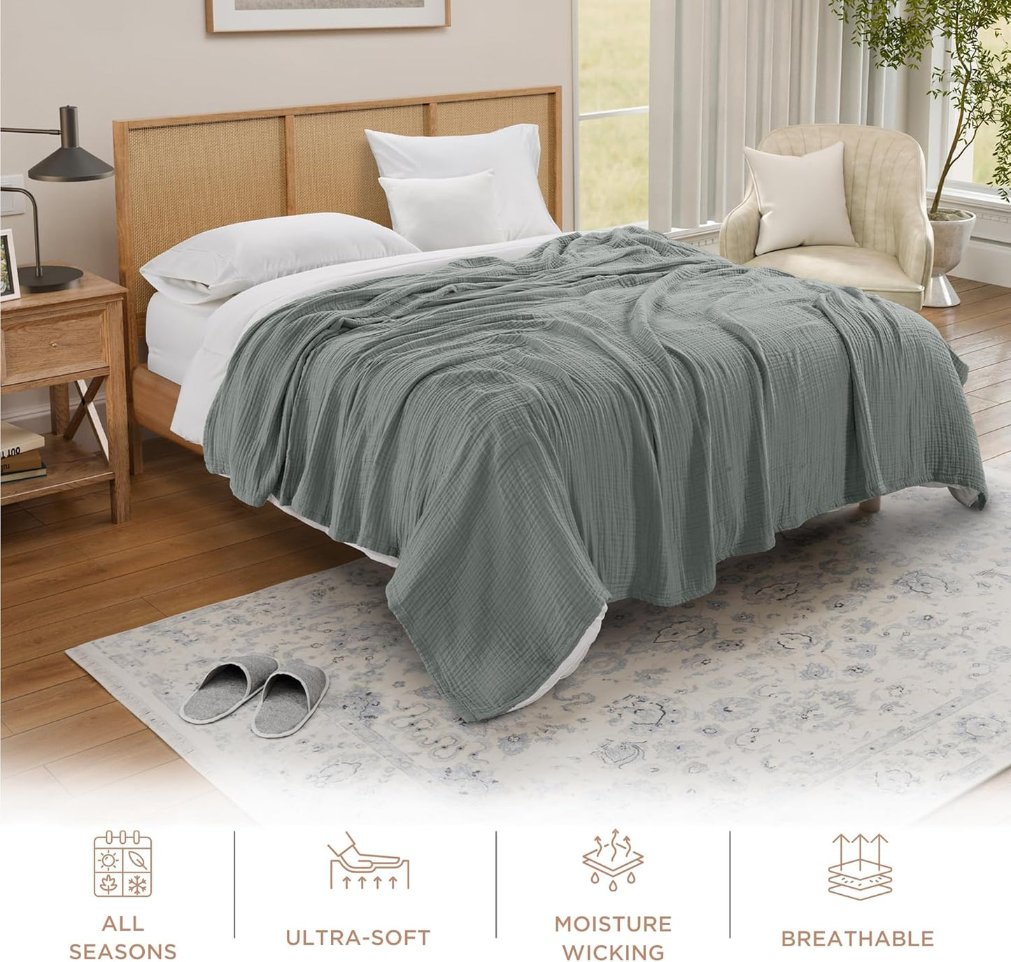 Threadmill Summer Muslin Twin Blanket | 4 Layer 100% Cotton Gauze | Soft, Breathable, and Lightweight Muslin Blanket | Ideal for All Seasons | Lightweight Blanket| Scottish Grey