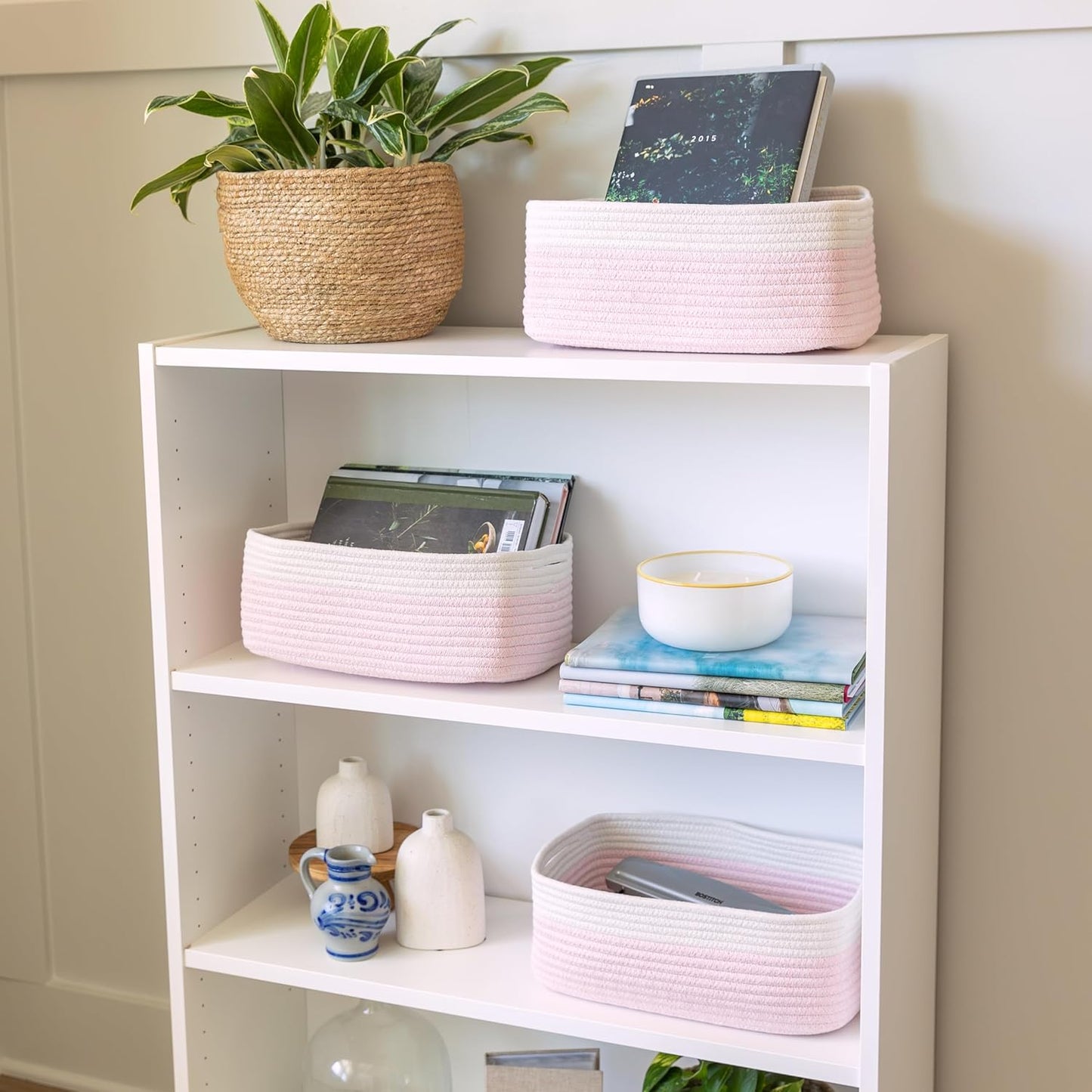 NaturalCozy 13.5”x8.5”x5.5” Rectangle Storage Baskets for Shelves 3 Pack | Cotton Rope Woven Small Baskets for Organizing | Small Storage Bins for Nursery, Bathroom, Closet, Shelf, Decorative