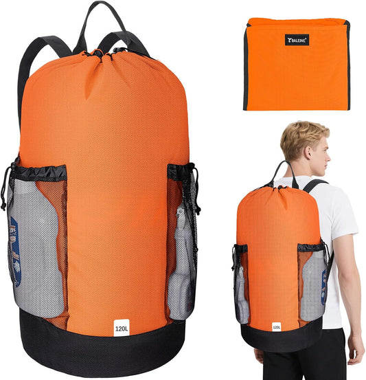 BALEINE 120L Laundry Bag Backpack, 900D Oxford Fabric Large Travel Laundry Bags with Shoulder Straps and 2 Mesh Pockets for College Dorm, Apartment, Laundromat (Orange, 120L)