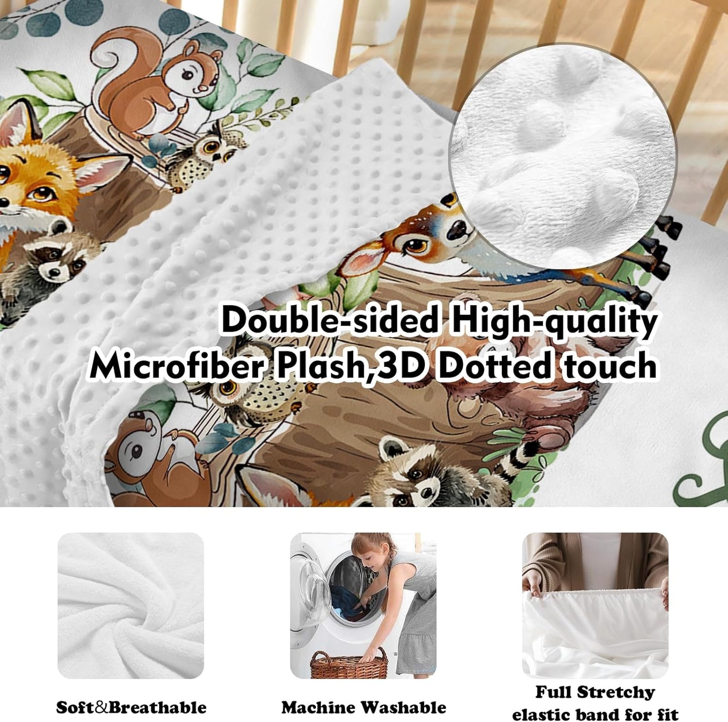 Personalized Baby Crib Bedding Set for Baby Boys Girls, Animal Stump Pattern Custom Name Baby Crib Sets 5-Pcs, Toddler Double Layer Blanket Fitted Sheets Changing Pad Cover Rug Wall Art Set