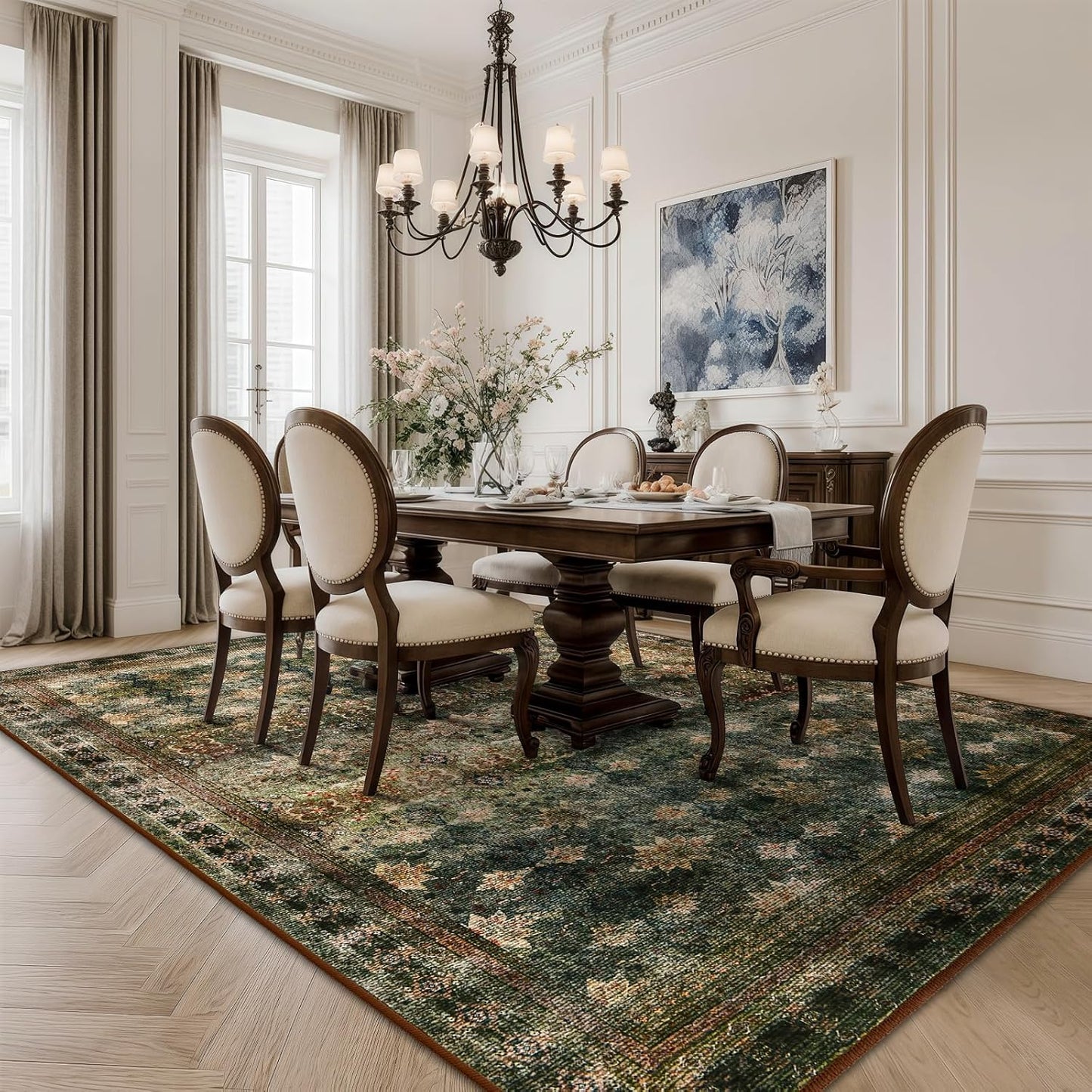 Large 8x10 Washable Area Rug for Living Room, No Shedding Vintage Floral Print Rugs Non Slip, Indoor Thin Retro Accent Carpet for Bedroom Farmhouse Dining Room(Dark Green/Brown/Multi)