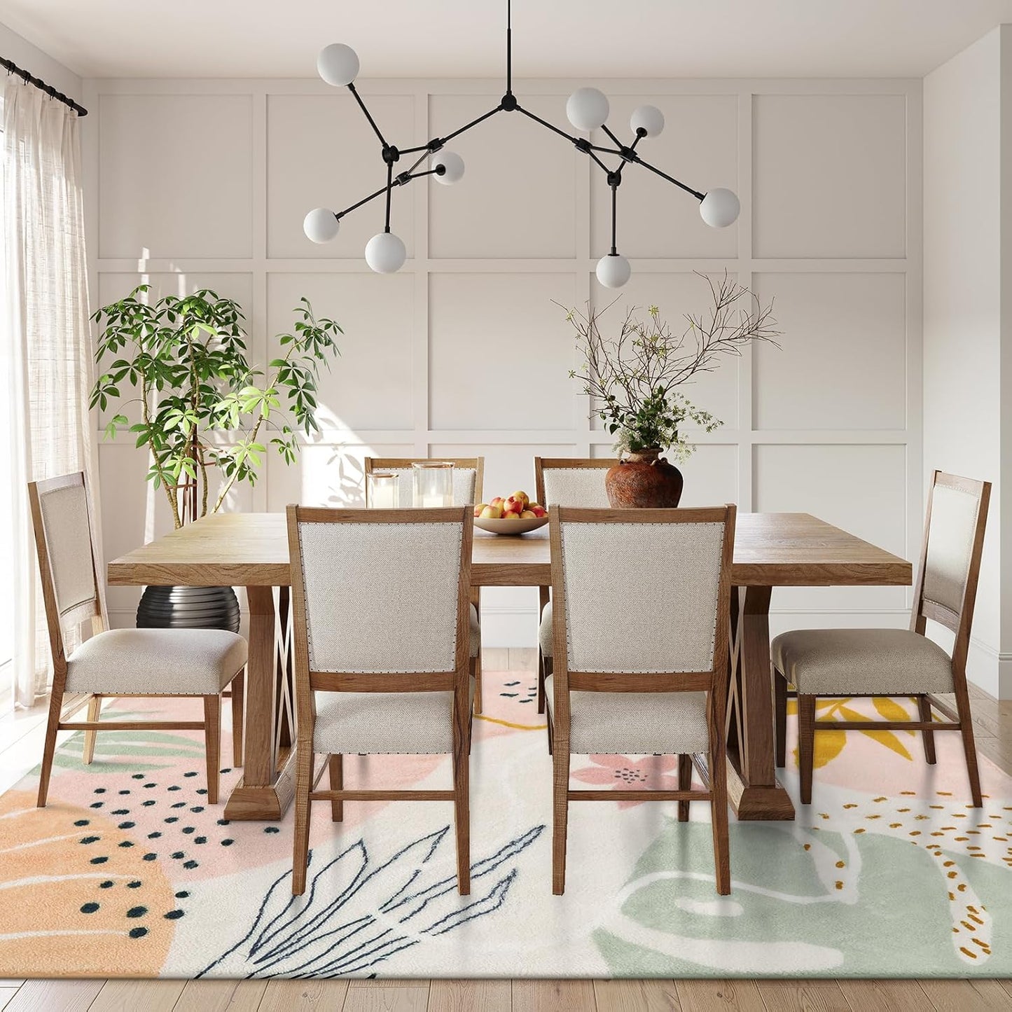 Lahome Pink Rug Machine Washable Area Rugs - 6x9 Non-Slip Large Living Room Rug Lightweight Throw Soft Carpet for Bedroom, Boho Botanical Print Ultra-Thin Indoor Rug for Classroom Nursery Dining Room