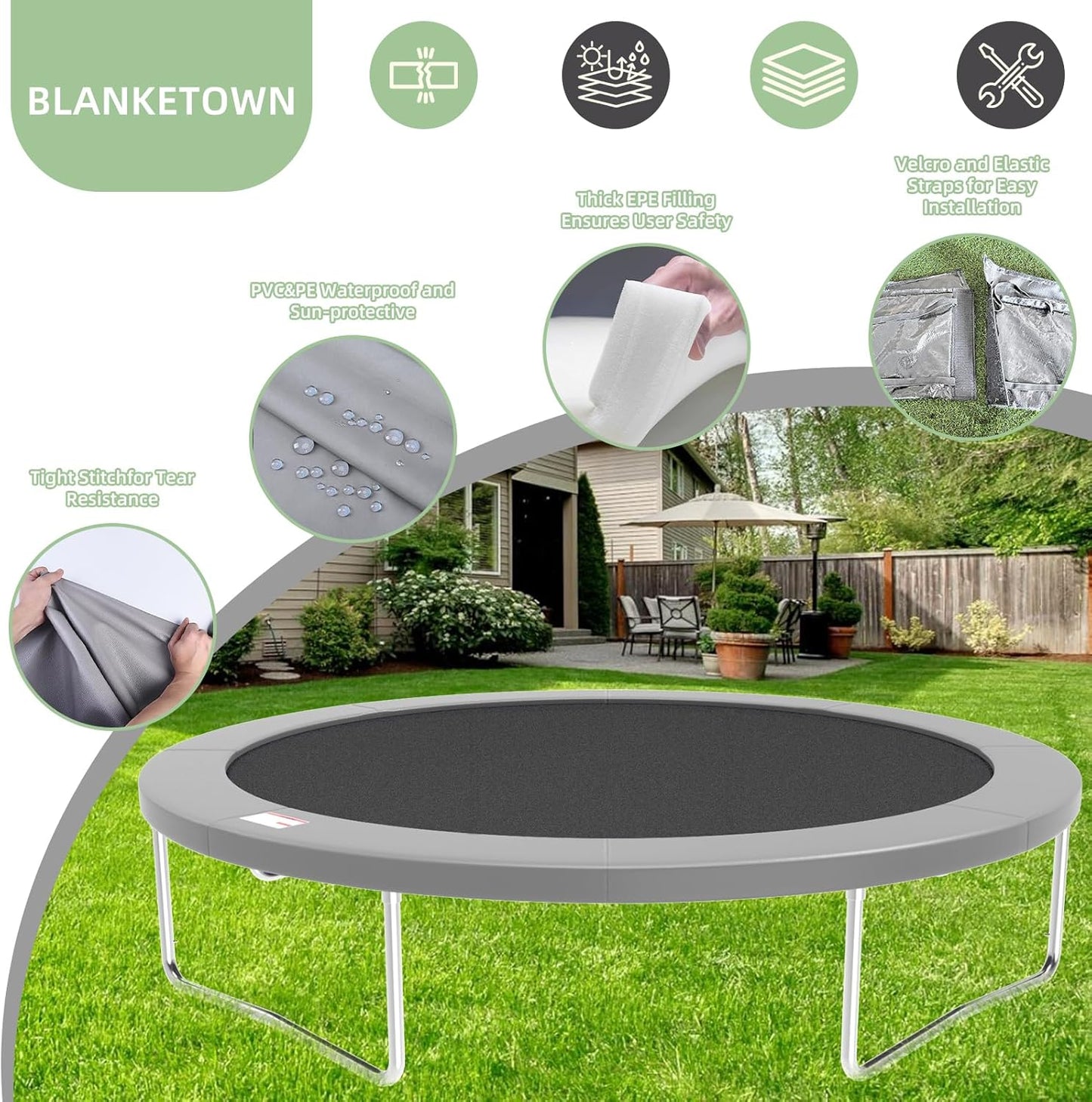 Trampoline Spring Cover, 10ft/12ft/14ft/15ft/16ft Trampoline Replacement Safety Pad, Waterproof Trampoline Accessories Pad for Round Frame