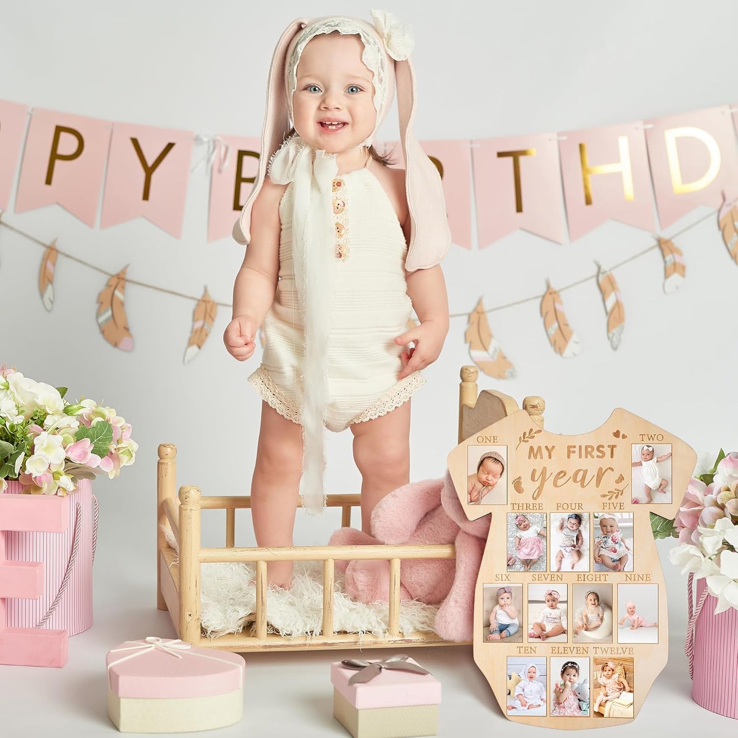 R HORSE My First Year Photo Display Wood Board, Baby’s First Year Picture Frame 12 Months Milestone Sign Bodysuit Shape 1st Birthday Photo Frame Baby Keepsake Board Nursery Decor Gift for Boy Girl