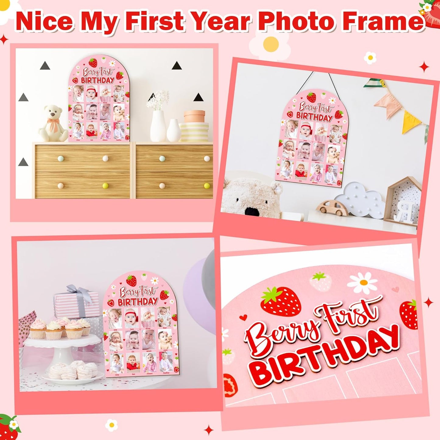 R HORSE 3D Berry First Birthday Wood Photo Display Board, Pink Strawberry Baby's First Year Picture Frame, 1-12 Months Milestone Board Birthday Decorations Keepsake Gift for Baby Girls Nursery Decor