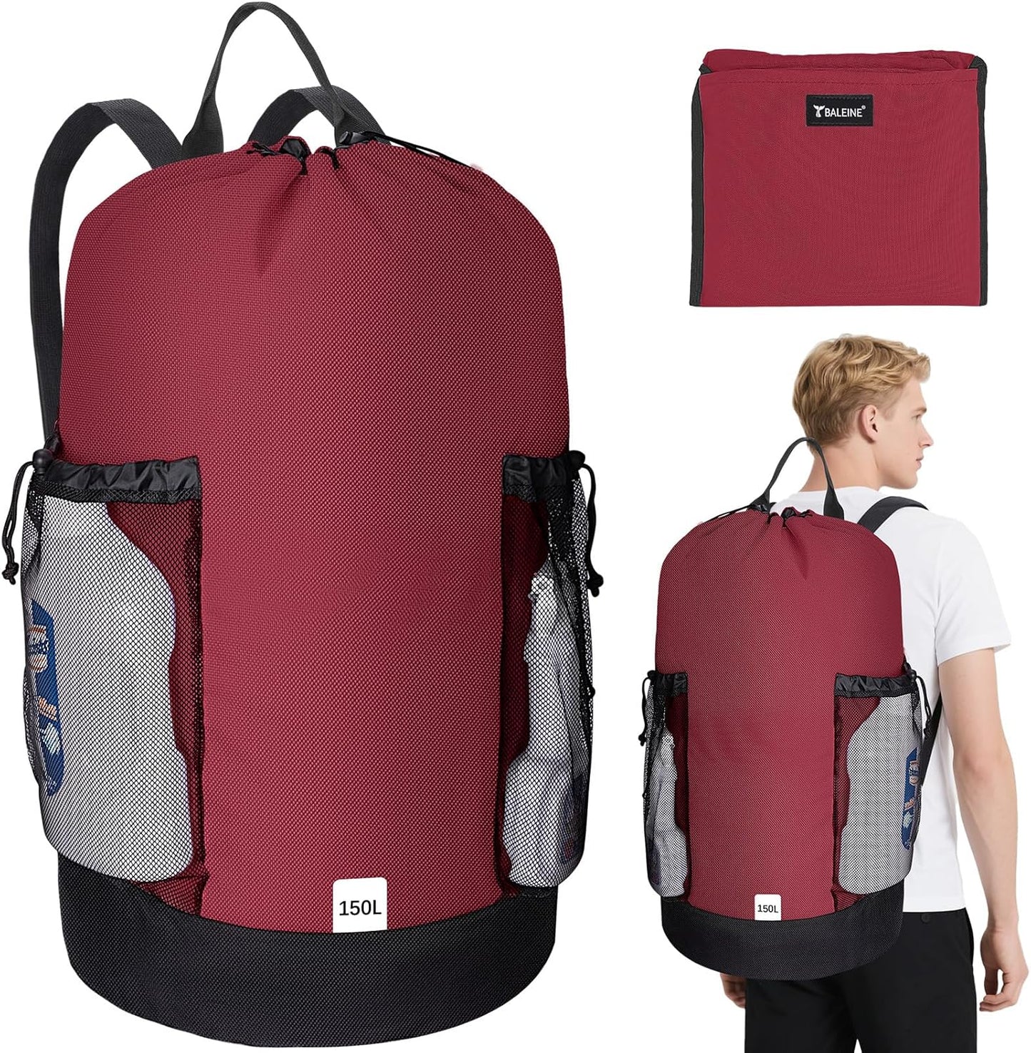 BALEINE 150L Laundry Bag Backpack, 900D Oxford Fabric Large Travel Laundry Bags with Shoulder Straps and 2 Mesh Pockets for College Dorm, Apartment, Laundromat (Red, 150L) ﻿