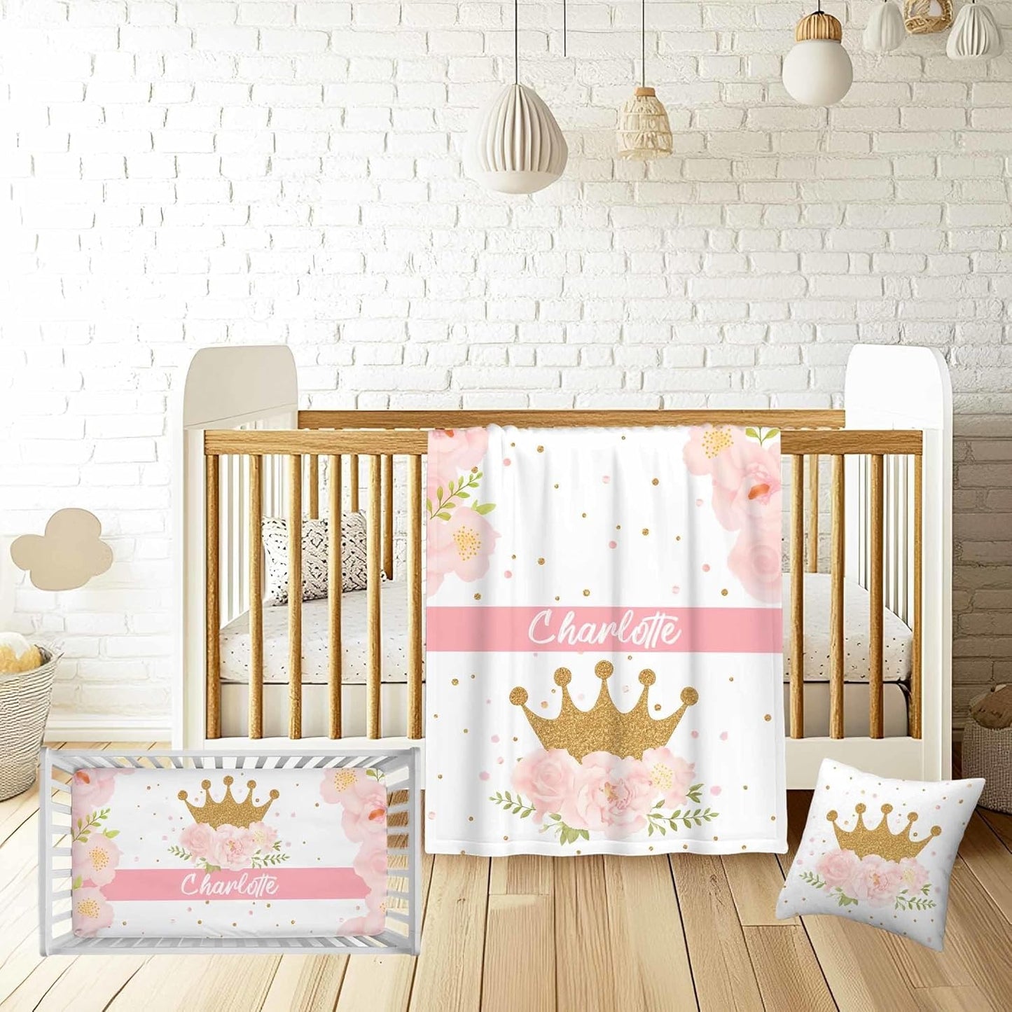 Personalized Baby Girl Crib Bedding Set – Custom Name 3-Piece Nursery Bedding with Crown with Flower, Flannel Blanket, Fitted Sheet & Pillowcase – Shower Gift for Baby Infant & Toddler