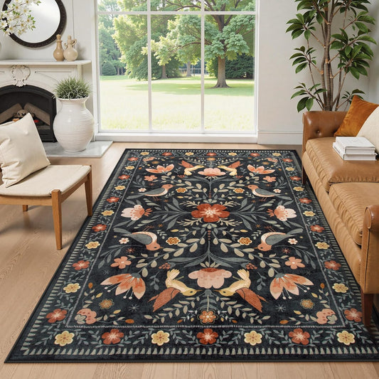 Moynesa Machine Washable 6x9 Area Rugs, Boho Bird Ultra Thin Living Room Rug Non Slip, Soft, Stain Resistant, Indoor Black Large Throw Carpet for Bedroom Office Dining Room Under Table