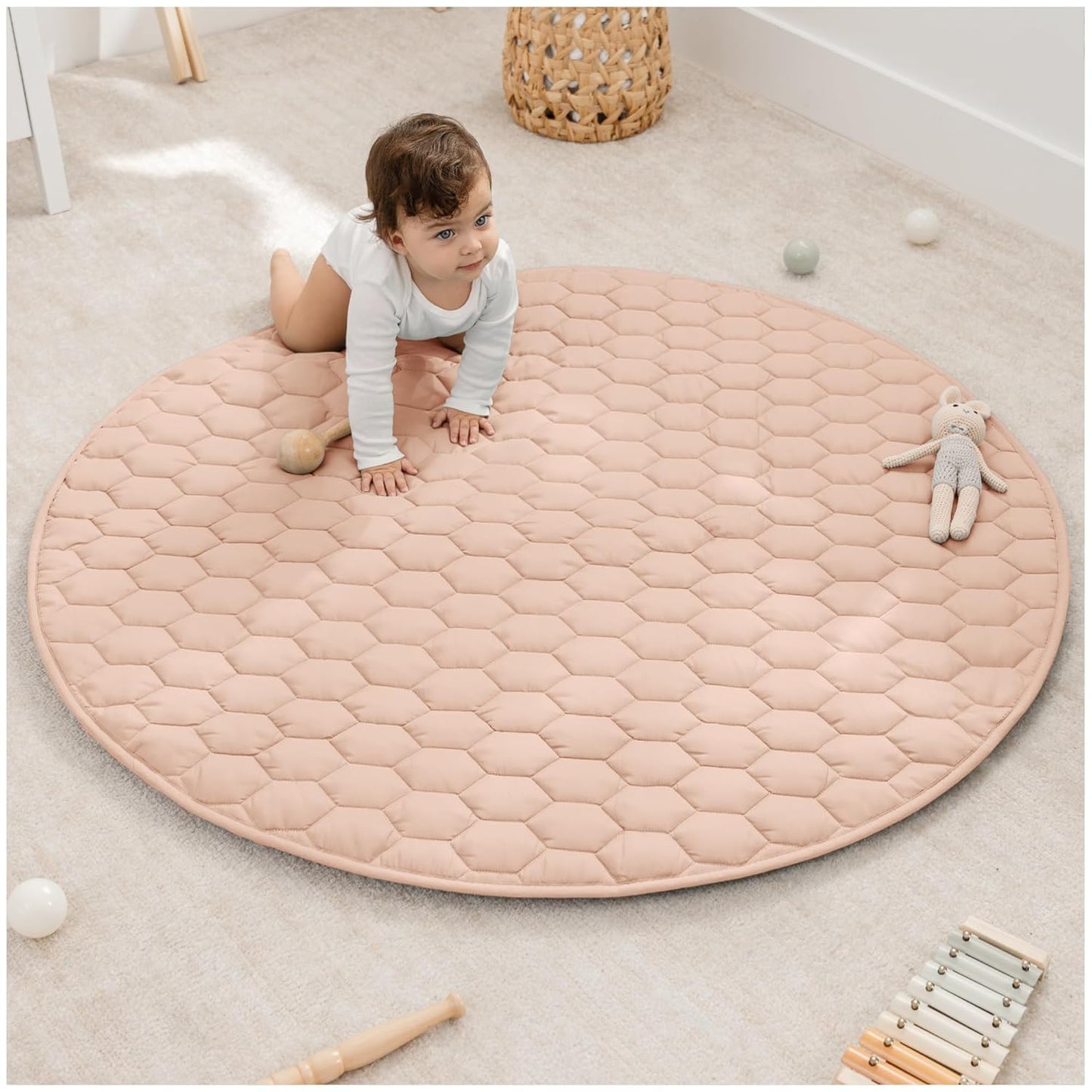Comfy Cubs Round Kids Play Mat - Medium 48 inches Soft Quilted Baby Floor Mat with Non-Slip Bottom - Plush Design for Toddlers' Playtime and Relaxation - Comfortable and Durable - Blush
