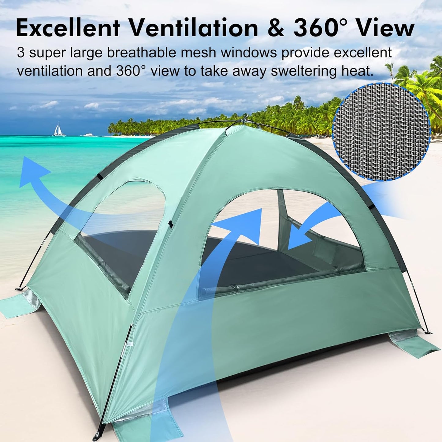 WhiteFang Beach Tent Anti-UV Portable Sun Shade Shelter for 3/4/6/8 Person, Extendable Floor with 3 Ventilating Mesh Windows Plus Carrying Bag, Stakes and Guy Lines
