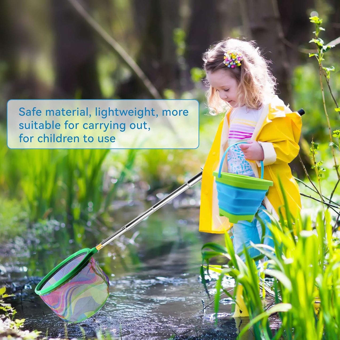 2PCS Fishing Net with Bucket, Telescopic Fishing Landing Net, Collapsible Kids Sand Bucket, Kids Fish Butterfly Catching for Freshwater Saltwater Outdoor Activities