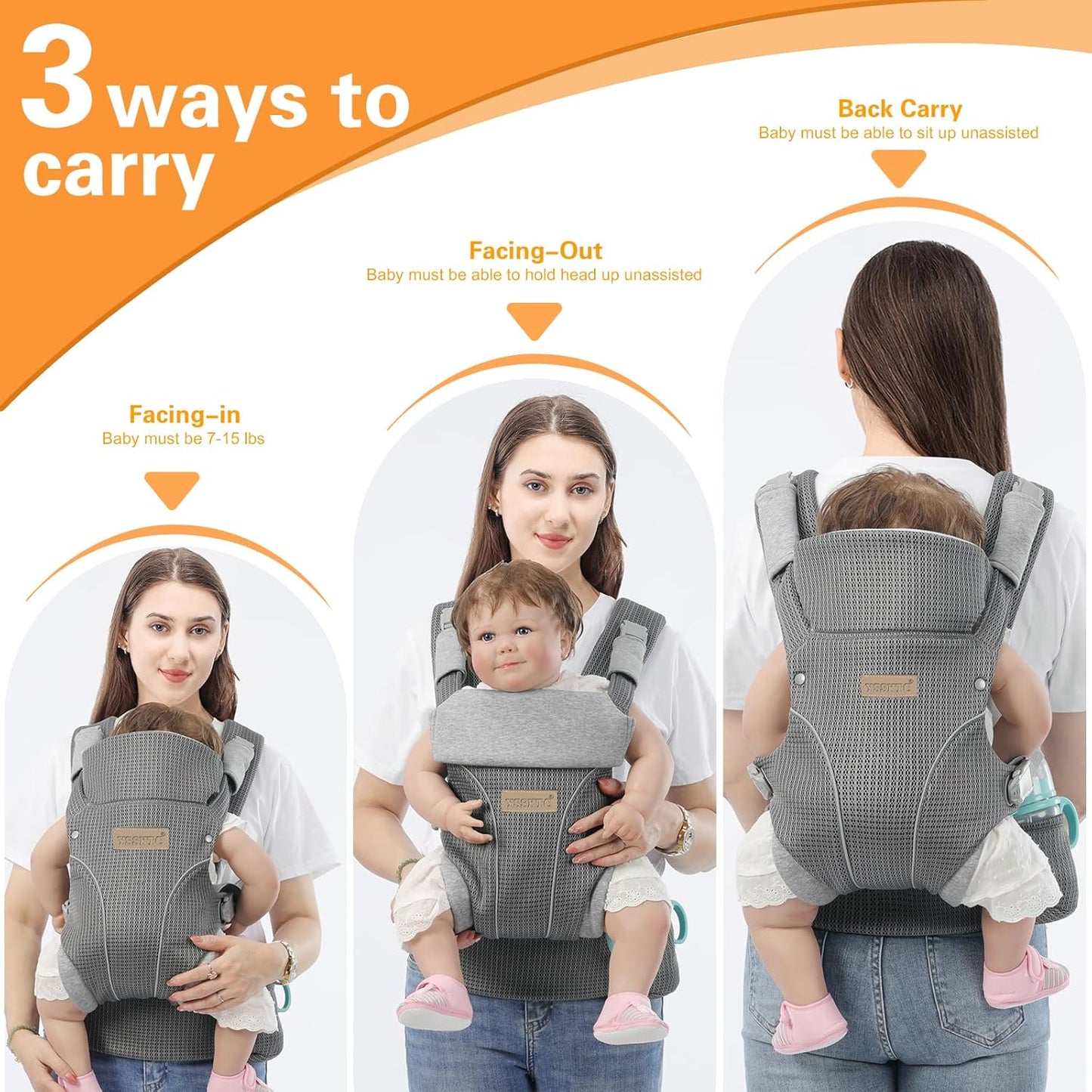 Baby Carrier Newborn to Toddlers - Ergonomic Adjustable Soft Breathable Comfort Infant Carrier for 7-35lbs, Enhanced Support, Easier to Wear (Grey)