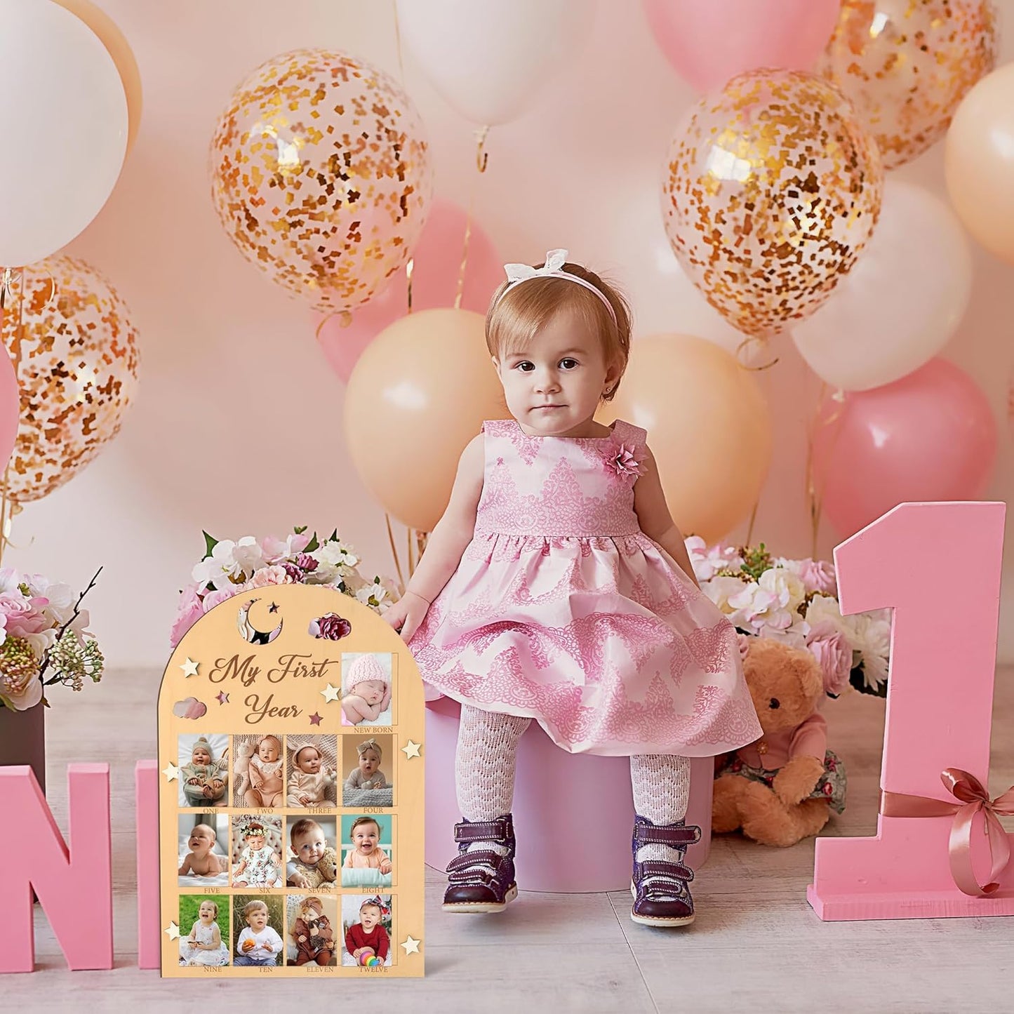 R HORSE My First Year Photo Frame Board - 3D Star Baby First Year Picture Frame 12 Months Milestone Photo Display Wood Board Baby Keepsake 1st Birthday Nursery Decor Gift for Boy Girl