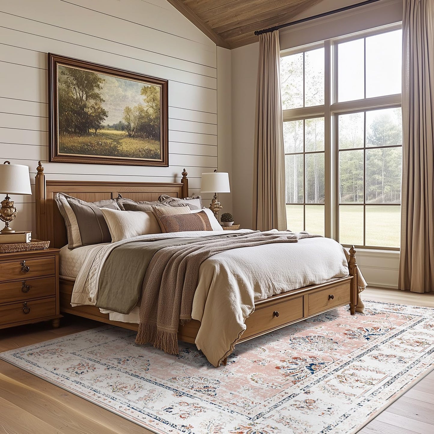 jinchan 6x9 Area Rugs for Living Room - Machine Washable Vintage Floral Distressed Design Stain Resistant Boho Carpet Ultra-Thin Low Pile Non-Slip for Bedroom Dining Room Office (6‘x9',Pink)