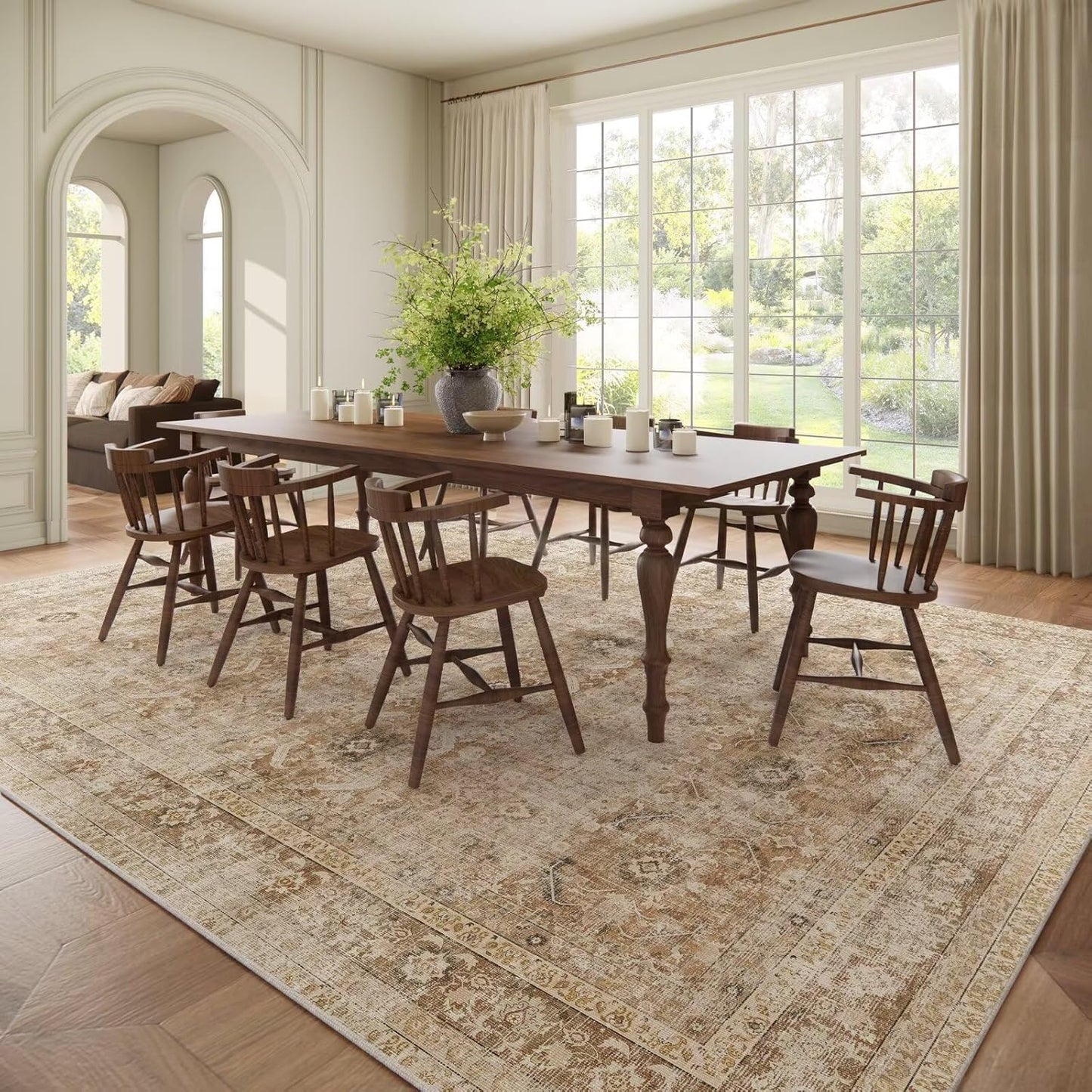 Washable 9x12 Area Rugs for Living Room, Boho Non-Slip Silicone Backing Rugs for Bedroom Dining Room Nursery Office, 0.3" Neutral Oriental Throw Carpet with 0.16" Cushioning Pad, Brown/Multi